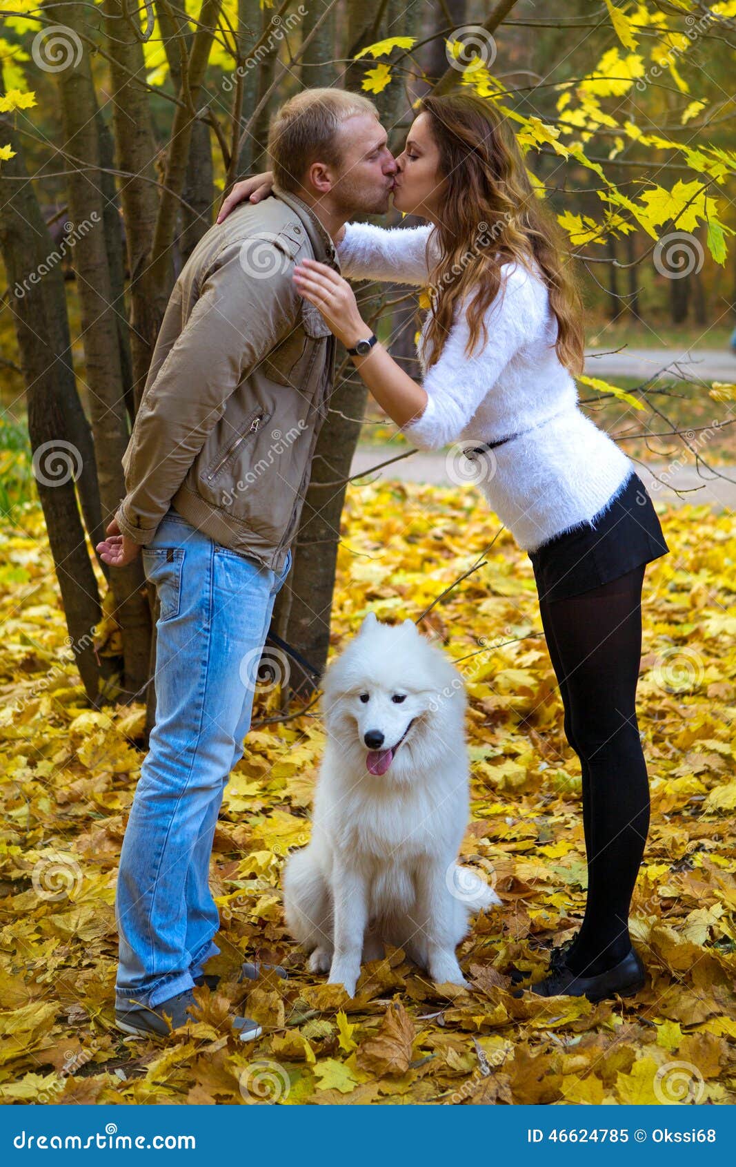 Young Couple with a Dog in the Autumn Forest Stock Image Image of white, samoyed 46624785