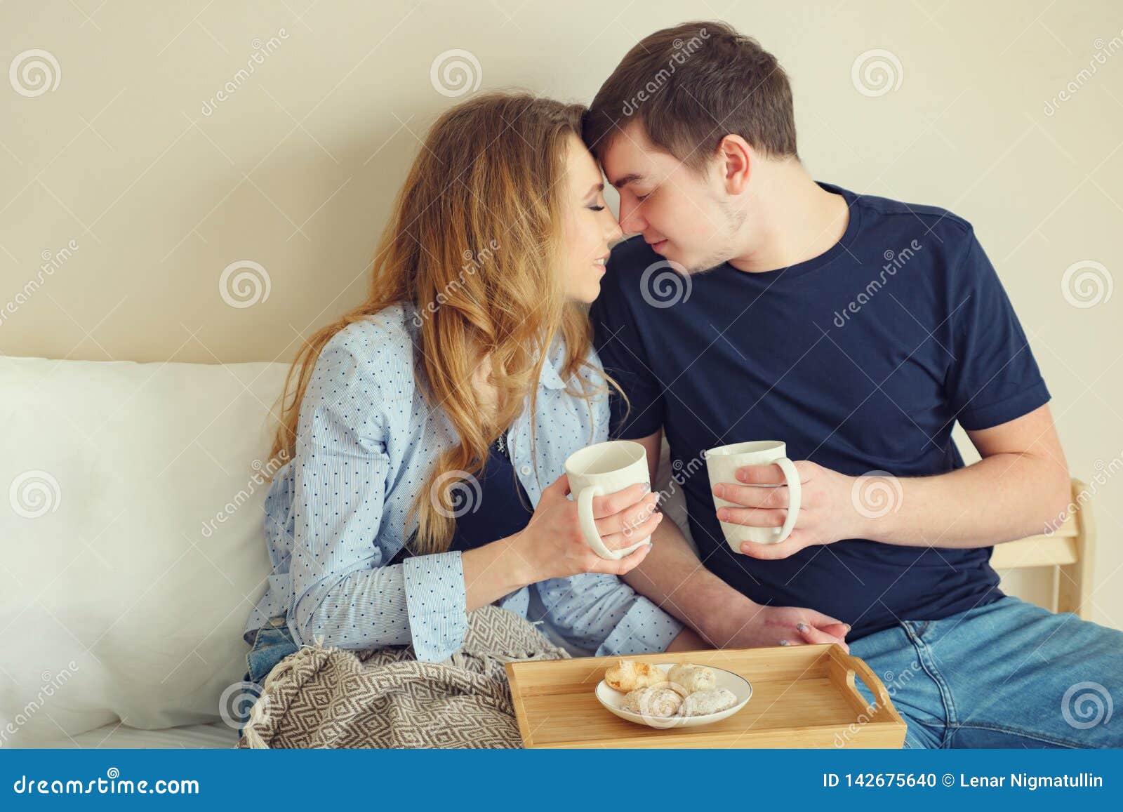 Young Couple Drinking Coffee in Bed Stock Photo Image of enjoyment