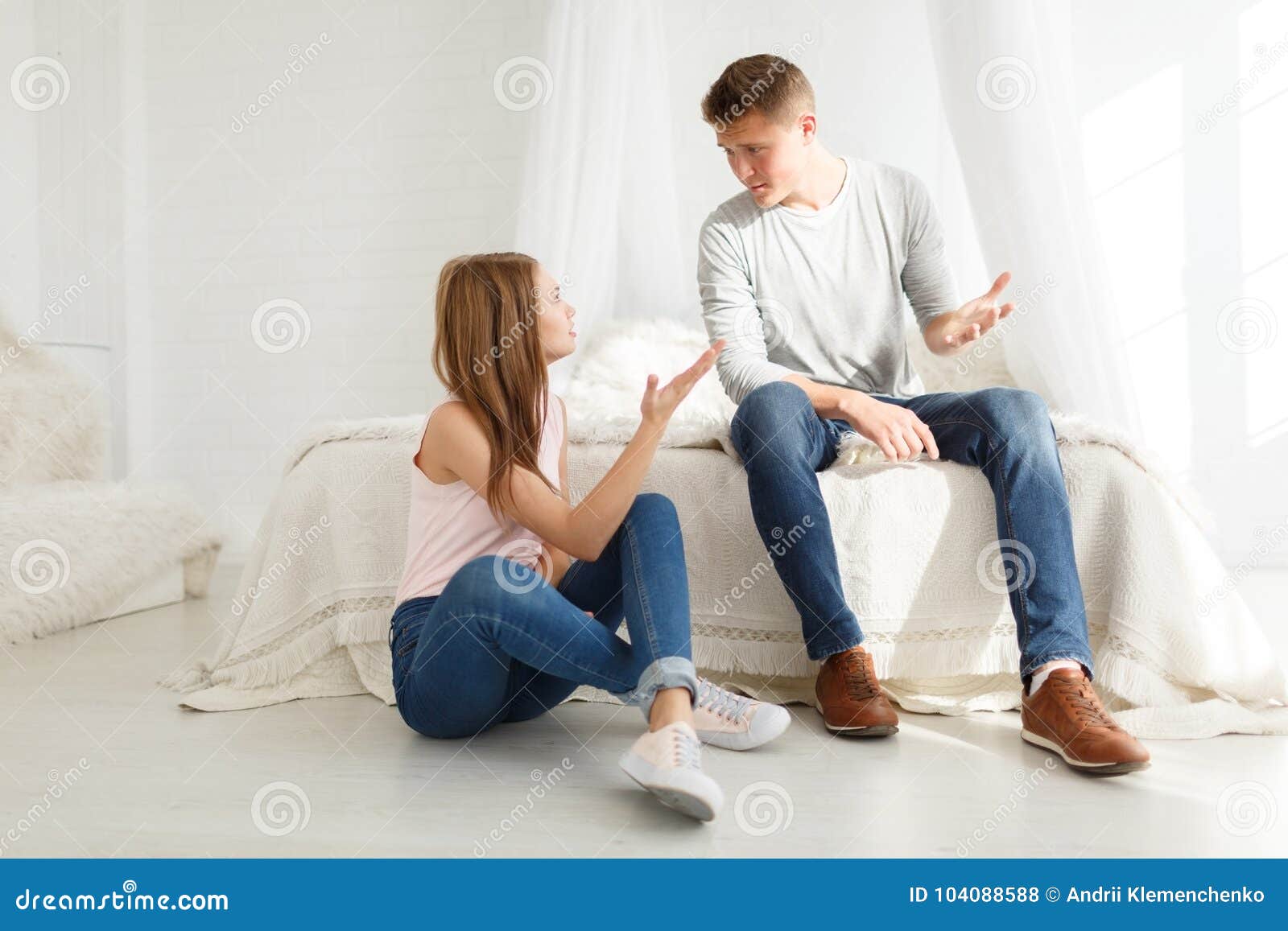 Young Couple Find Out The Relationship In The Bedroom Indoors Bedroom