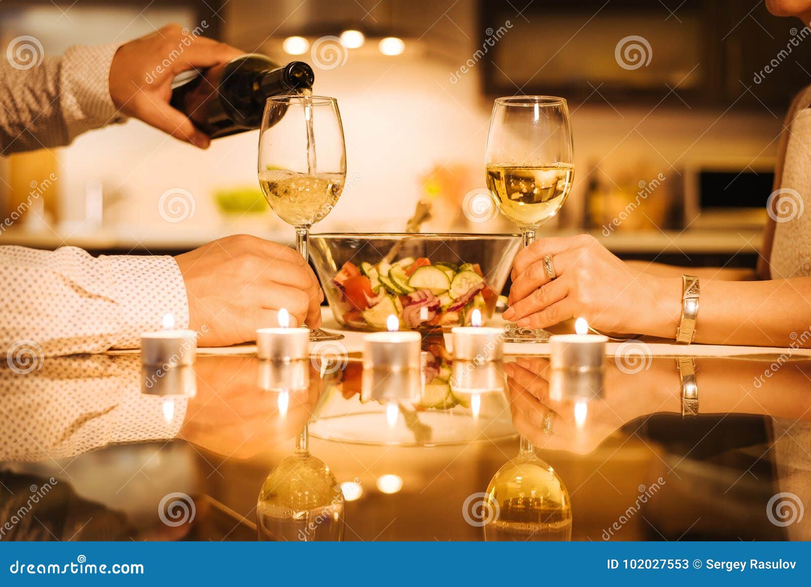 Young Couple Have Romantic Dinner with Wine. Stock Image - Image of