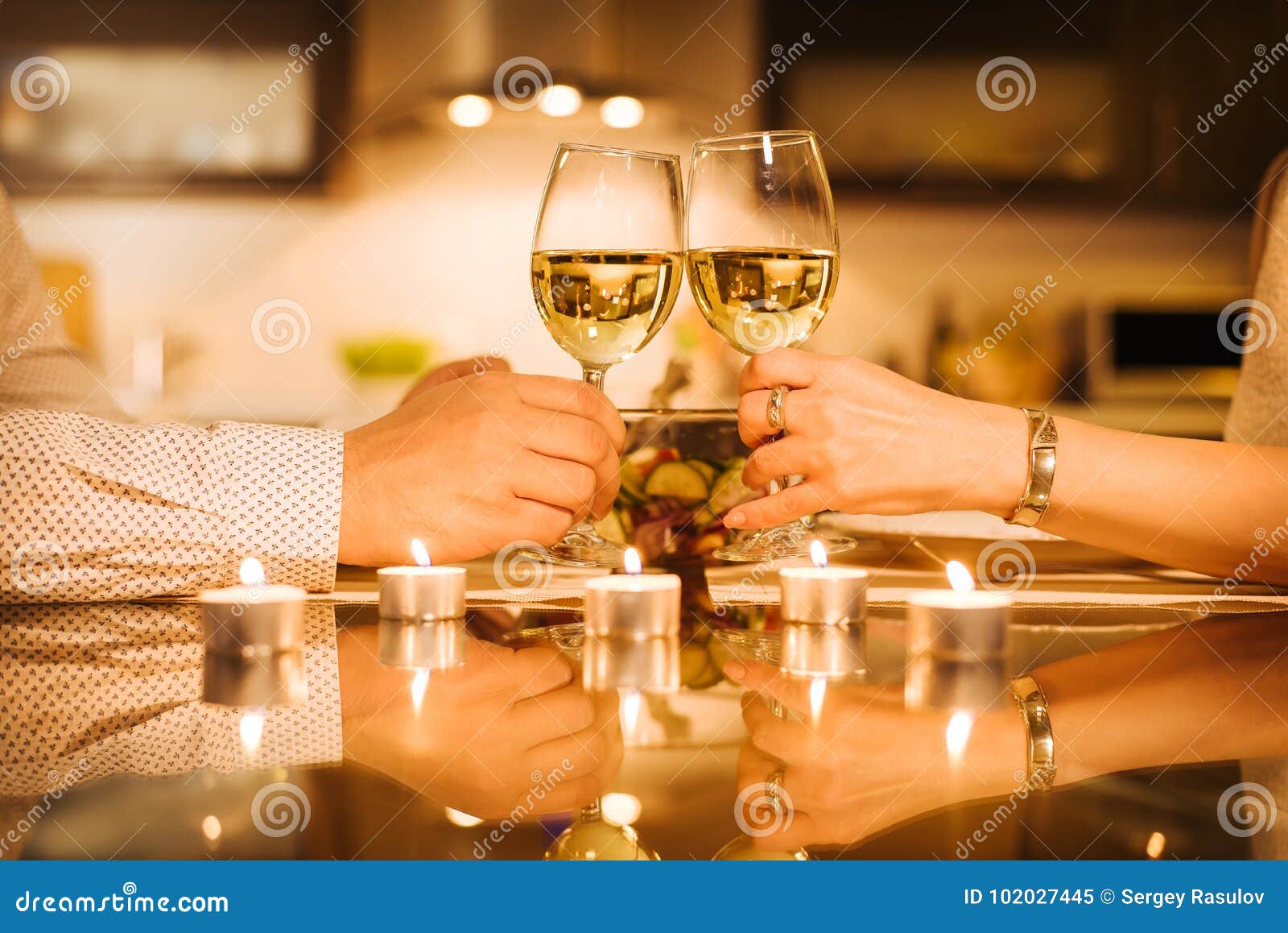 Young Couple Have Romantic Dinner with Wine. Stock Image - Image of