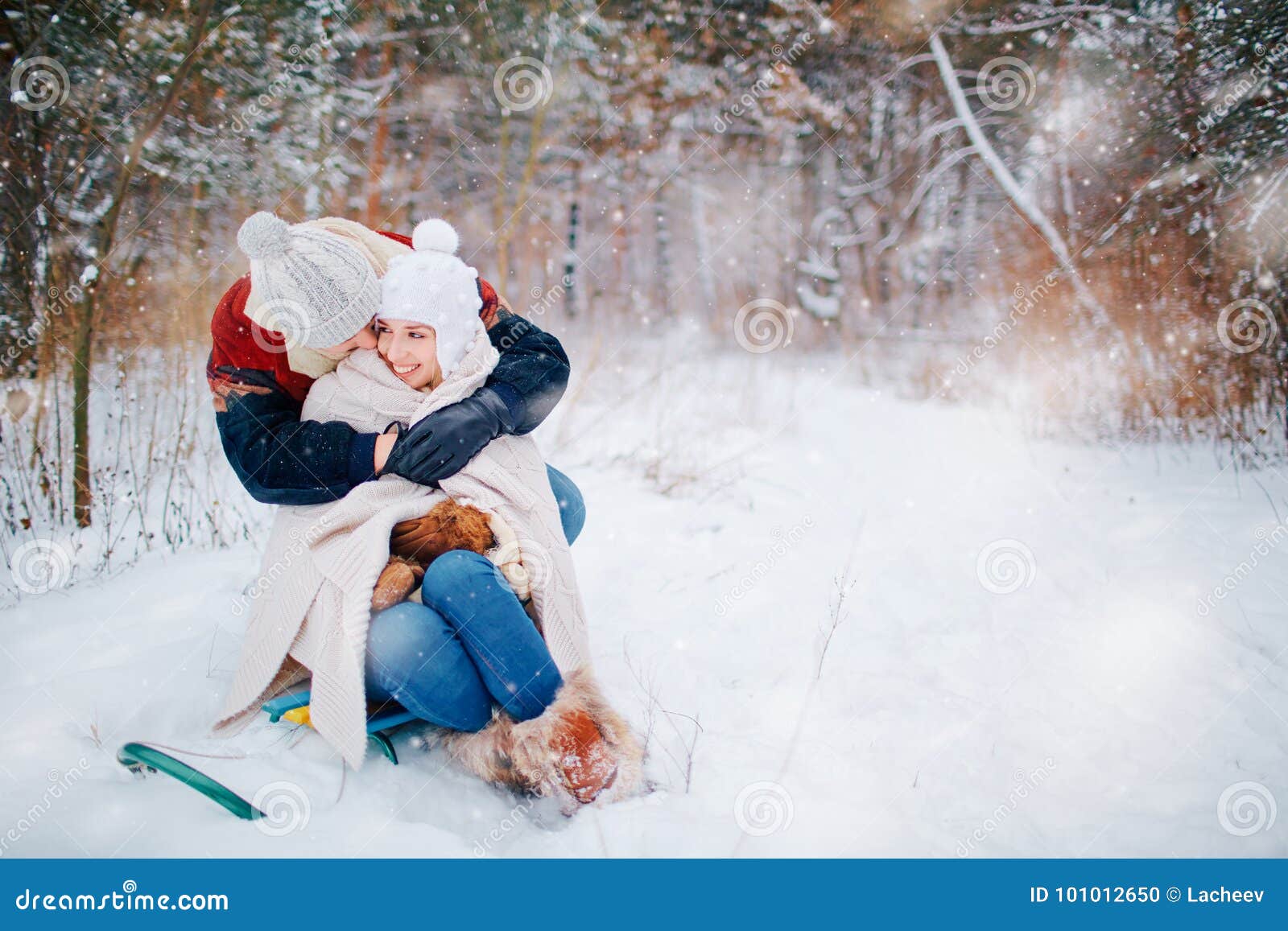 Young Couple Hugging on Snow in Winter Park Stock Photo Image of