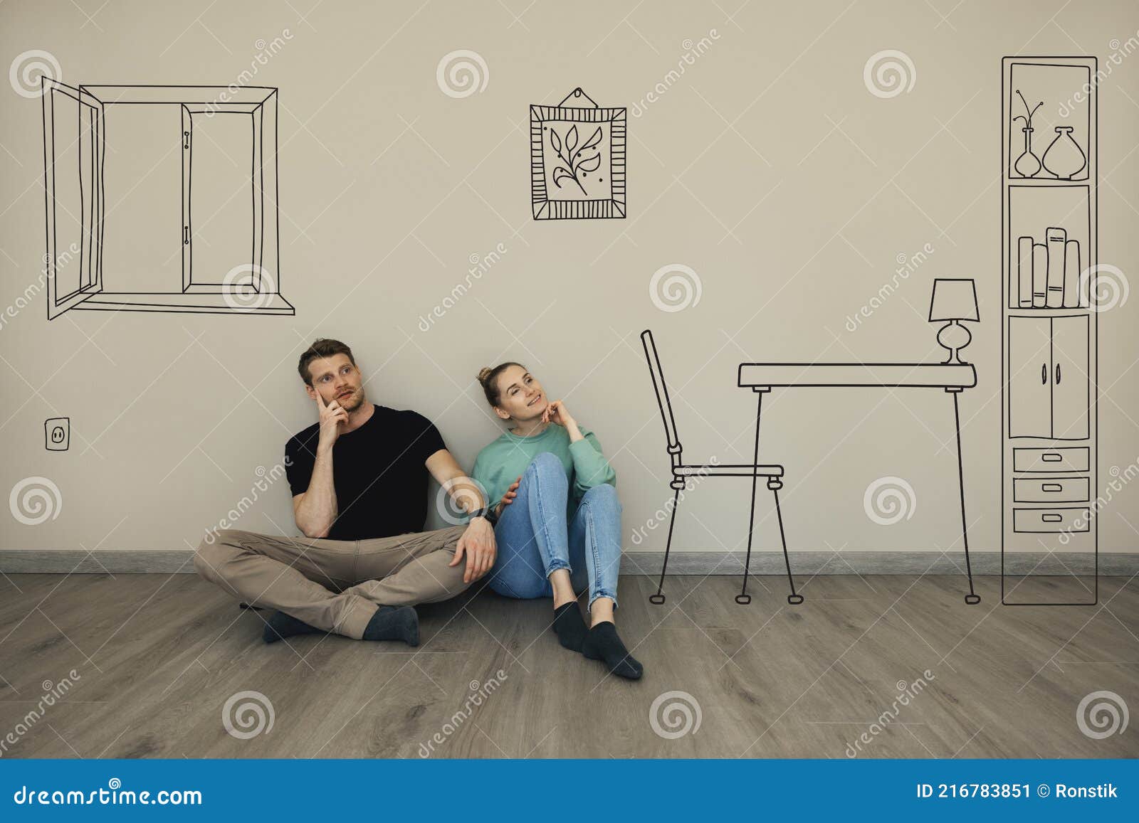 couple imagine interior of new house. sitting on floor and thinking in empty room