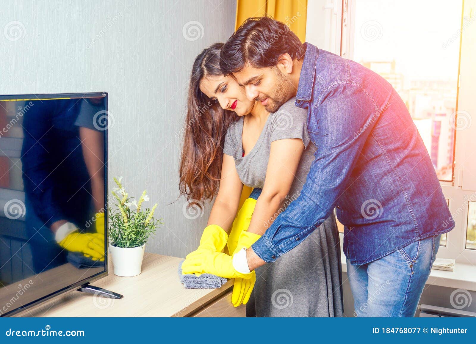 Young Couple Indian Moving in New Home, Cleaning and Unpacking Big Window  with Stylish Yellow Curtain Background Stock Image - Image of apartment,  attractive: 184768077