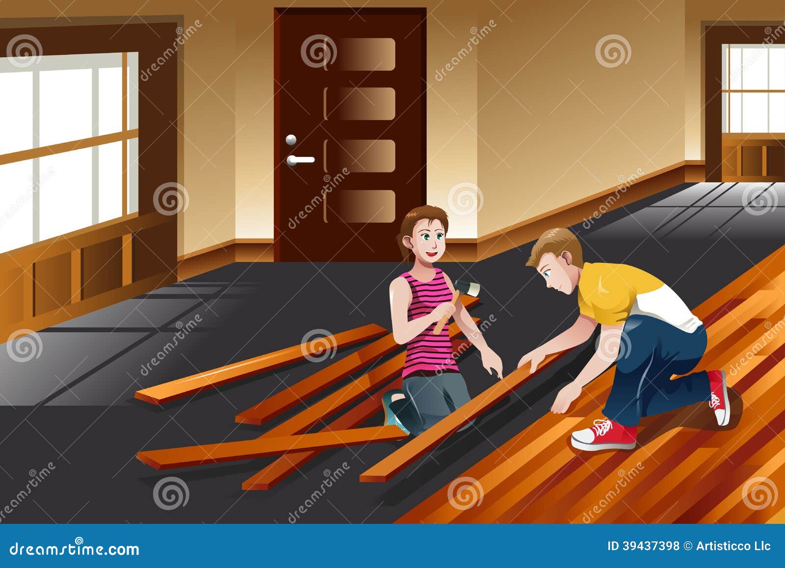 Young Couple Installing Hardwood Floor Stock Vector Illustration