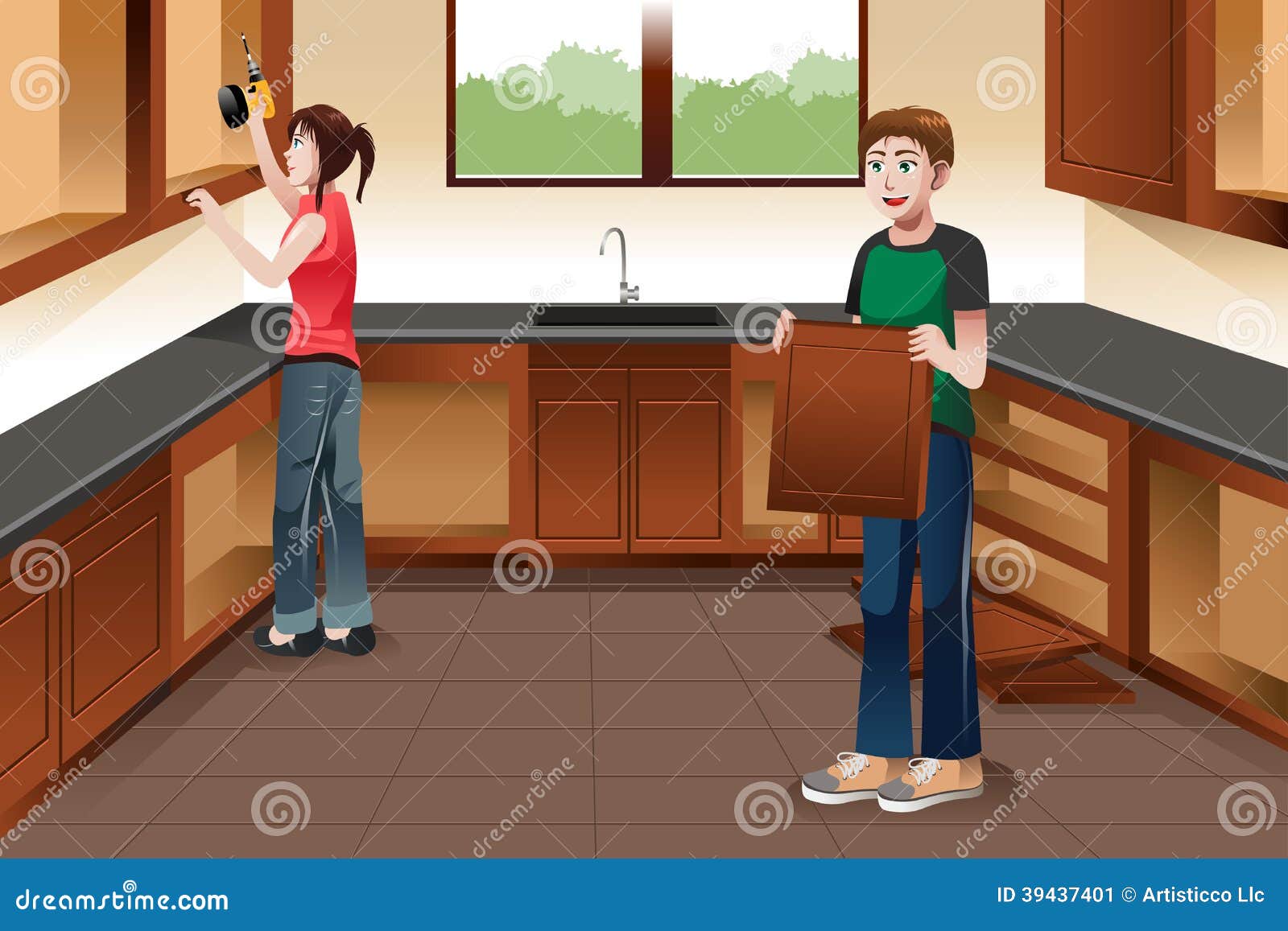 Young Couple Installing Kitchen Cabinets Stock Vector