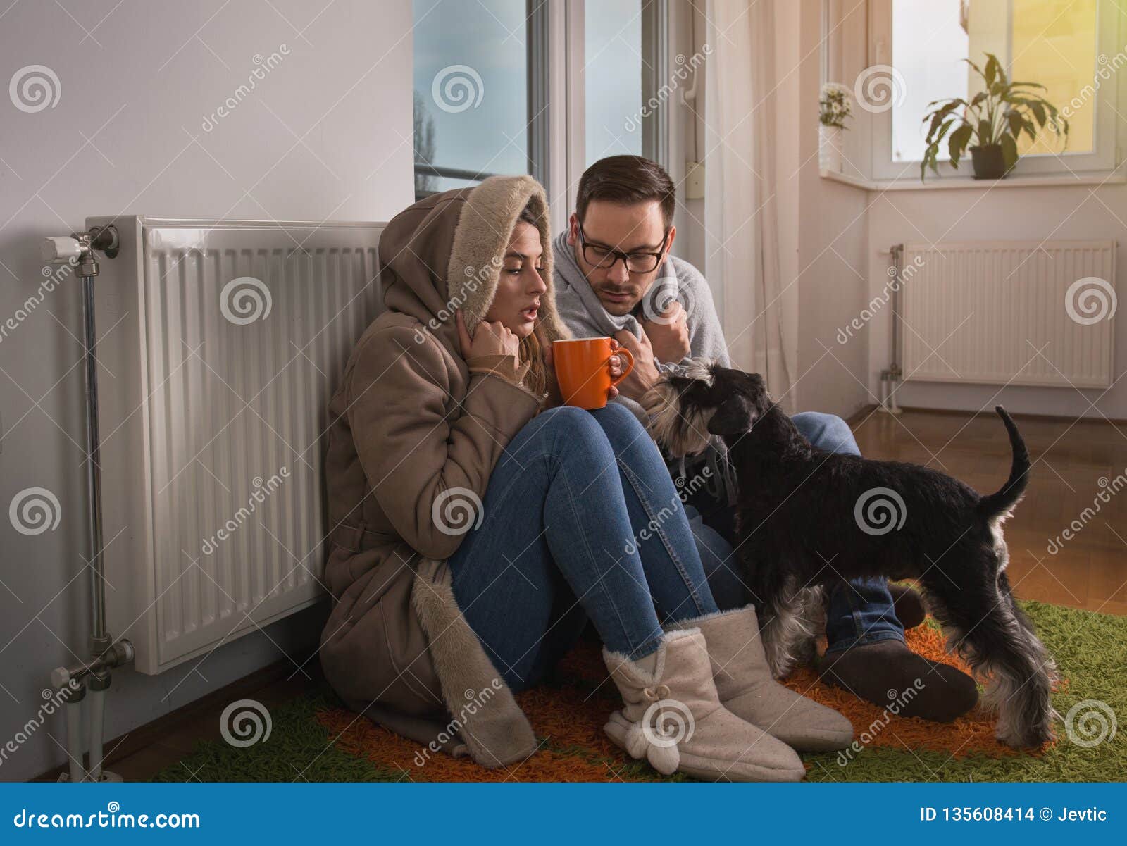 couple with dog sitting beside radiator and freezing