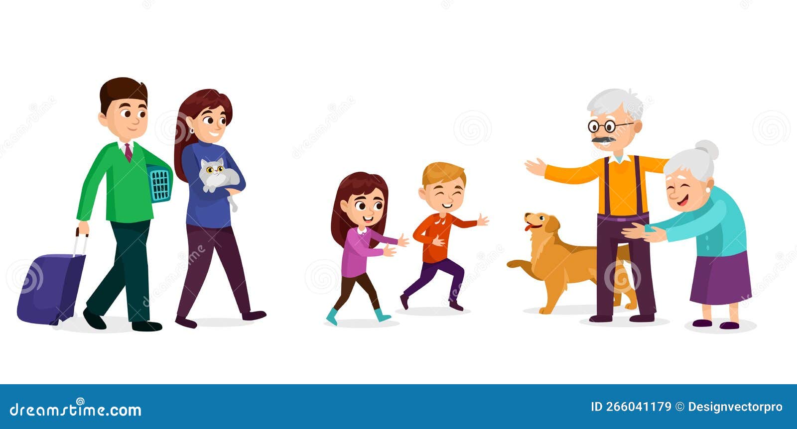 a young couple with kids visits grandparents  on white background