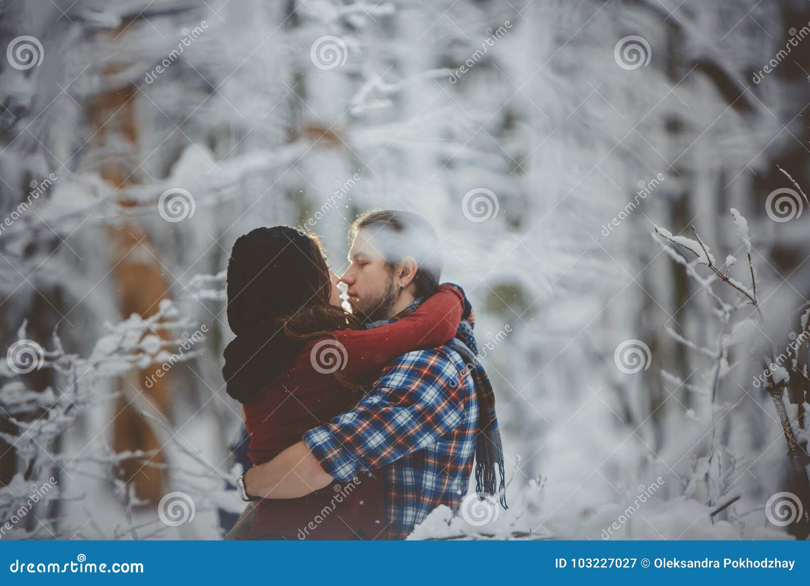 Young Couple in Love Kissing in Cold Forest Stock Image - Image of ...