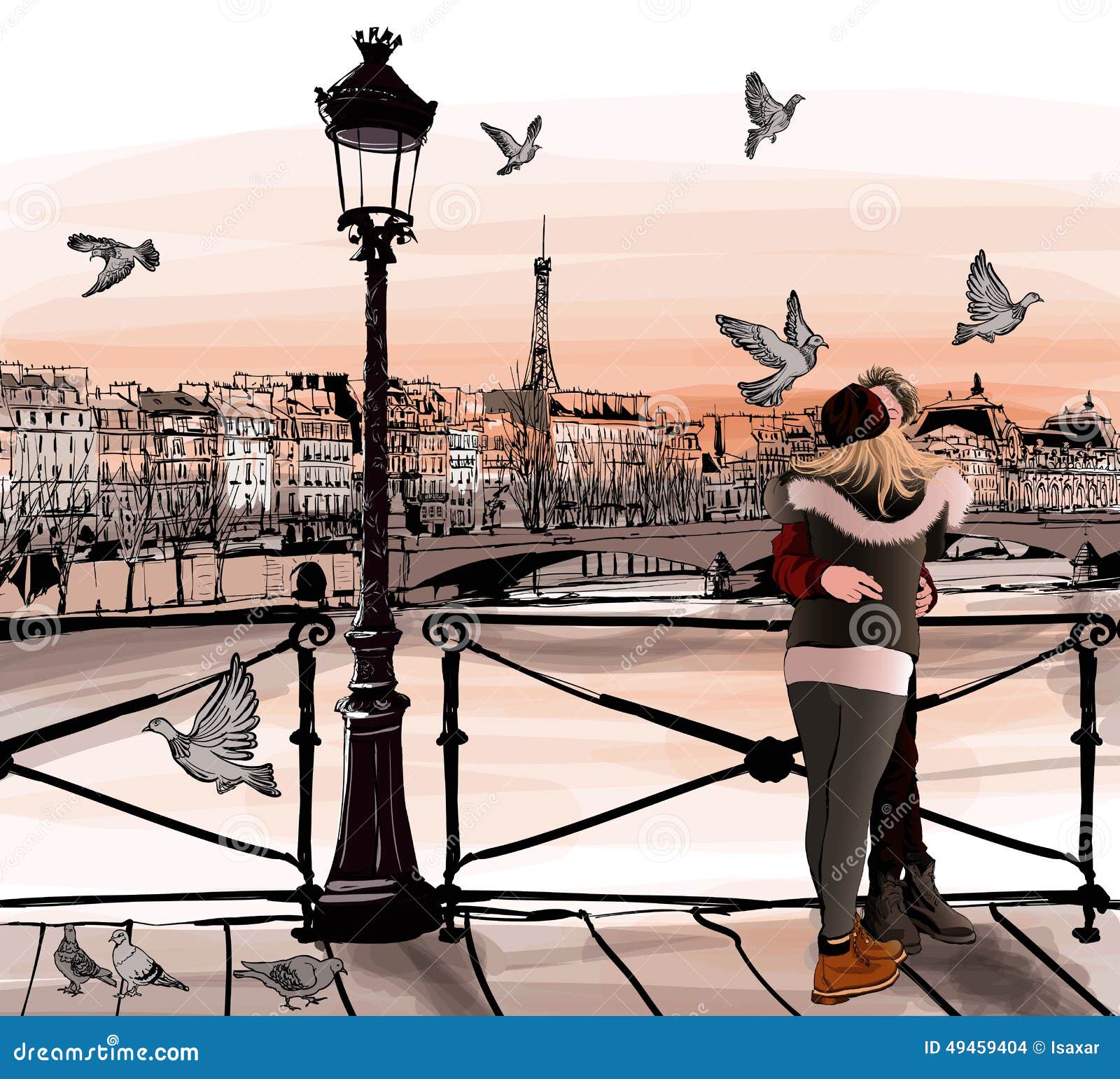 young couple in love on pont des arts in paris