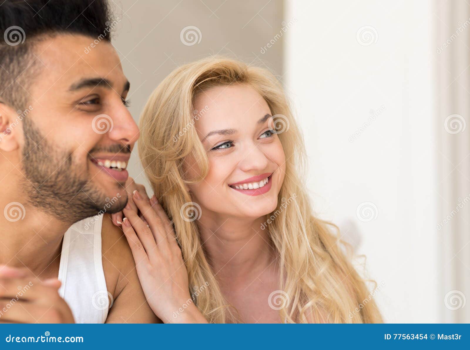 Young Couple Lying In Bed Happy Smile Hispanic Man And Woman