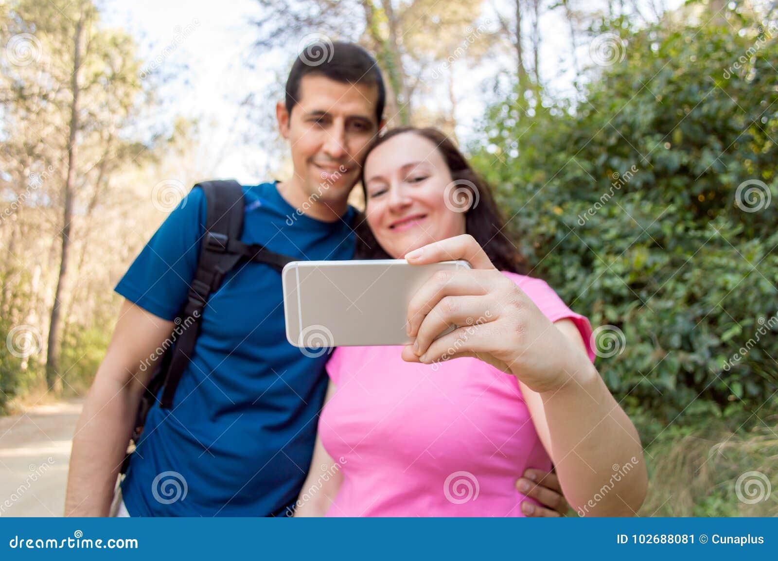 Selfie of Couple Having Fun in the Forest Stock Image Image of