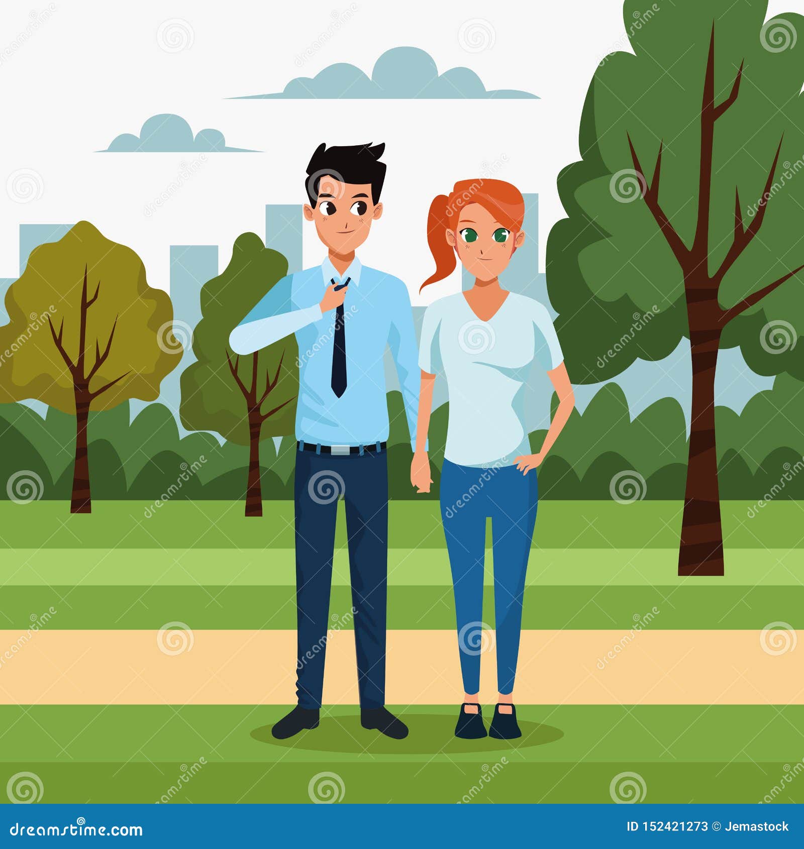 Young Couple in the Park Scenery Stock Vector - Illustration of plant ...