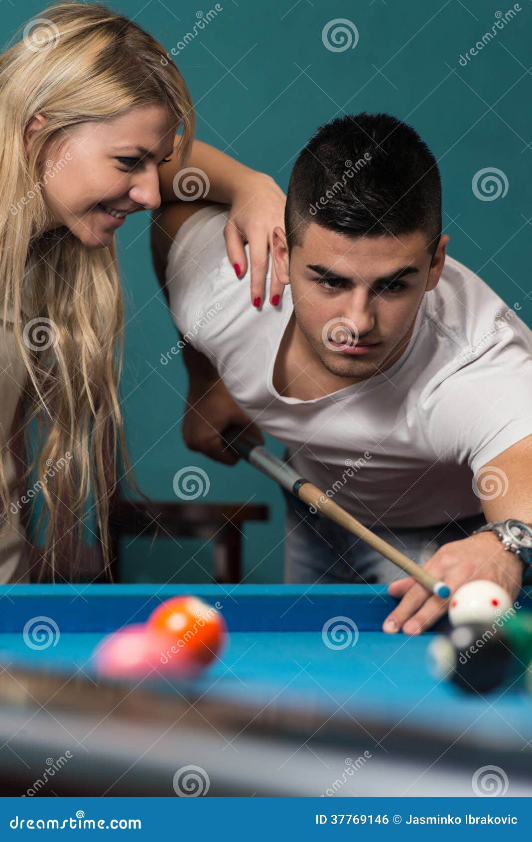 Young Couple Plays Billiards Stock Photo Image of leisure, friendship