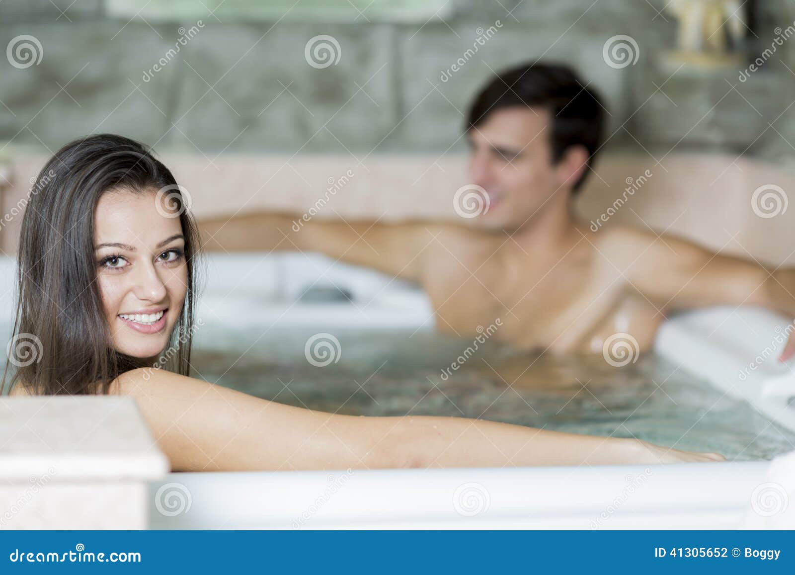 Young Couple Relaxing In Hot Tub Stock Photo Image Of Bathroom