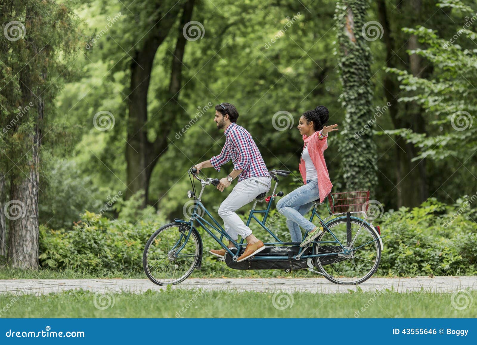 Young Couple Riding on the Tandem Bicycle Stock Photo Image of
