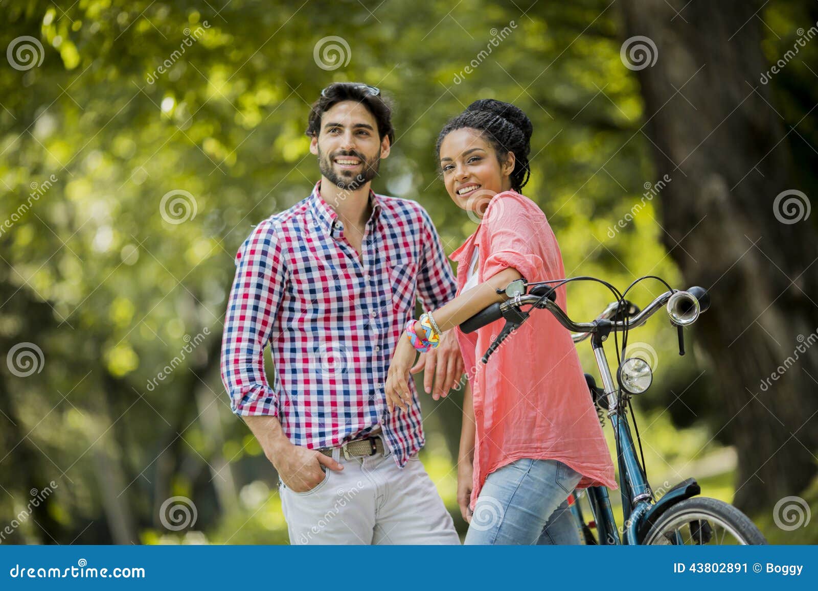 Young Couple Riding on the Tandem Bicycle Stock Image Image of