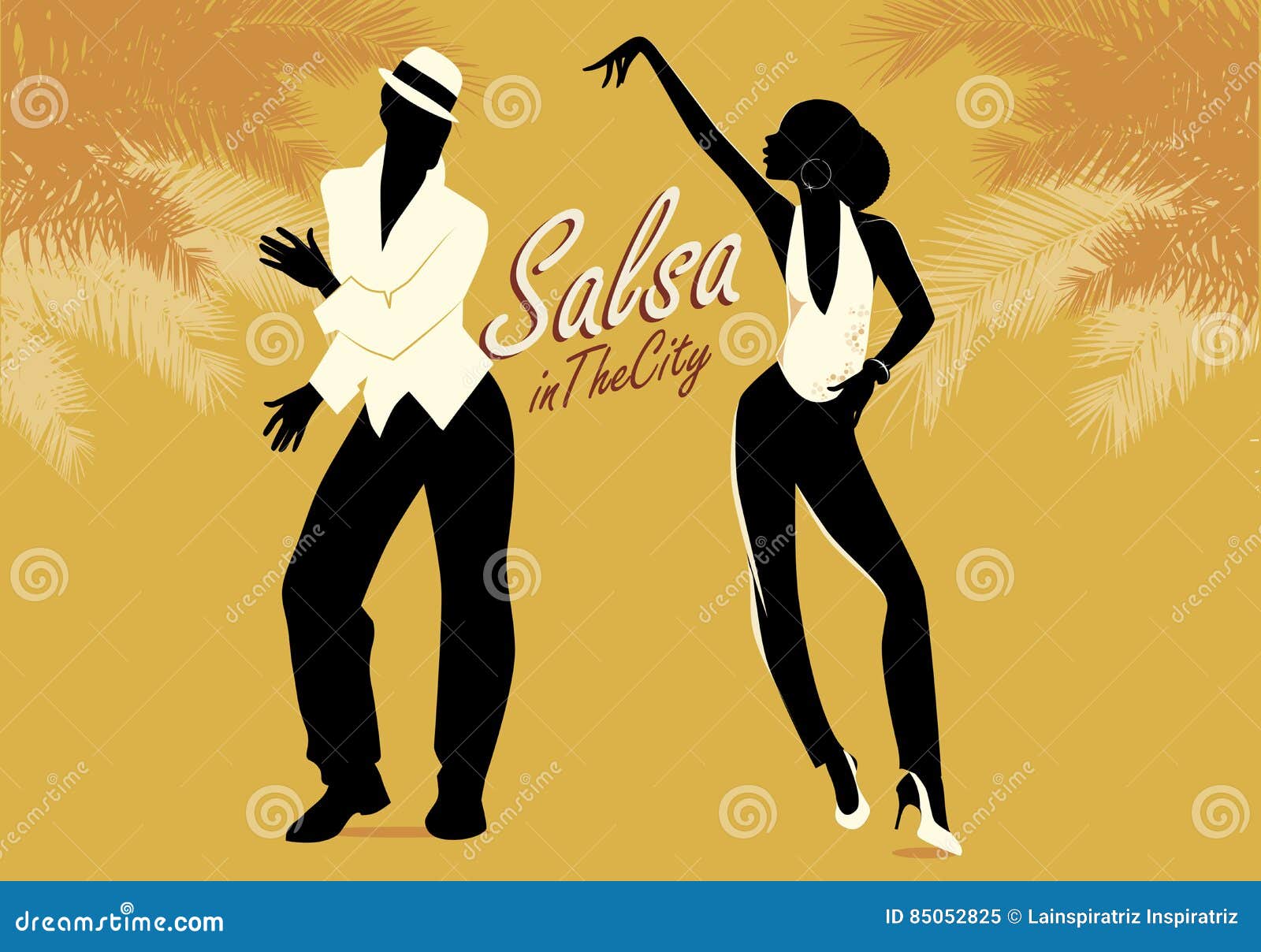 young couple silhouettes dancing salsa or latin music.