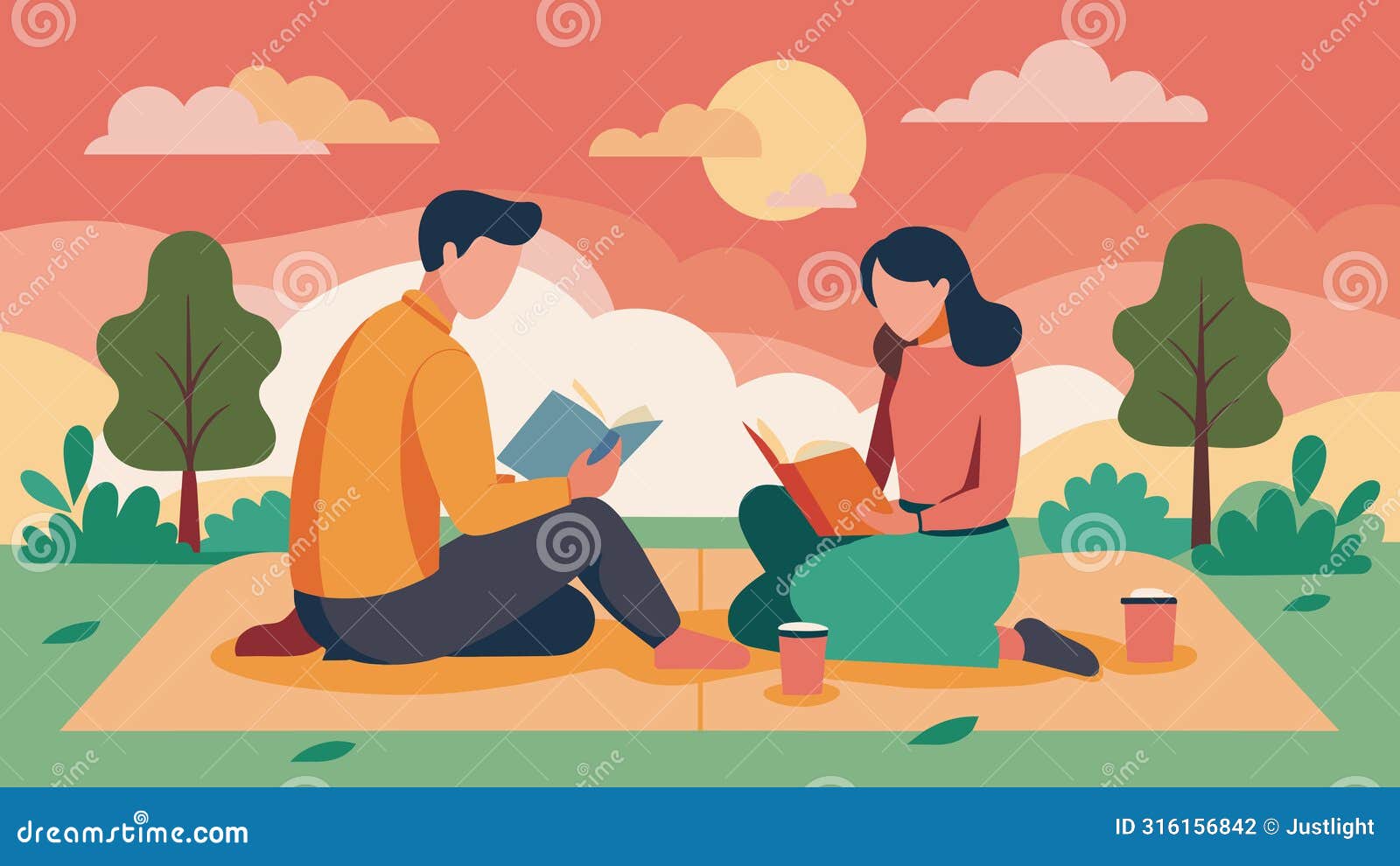 a young couple sits on a blanket in the park the sun setting behind them. as they open their journals they share the