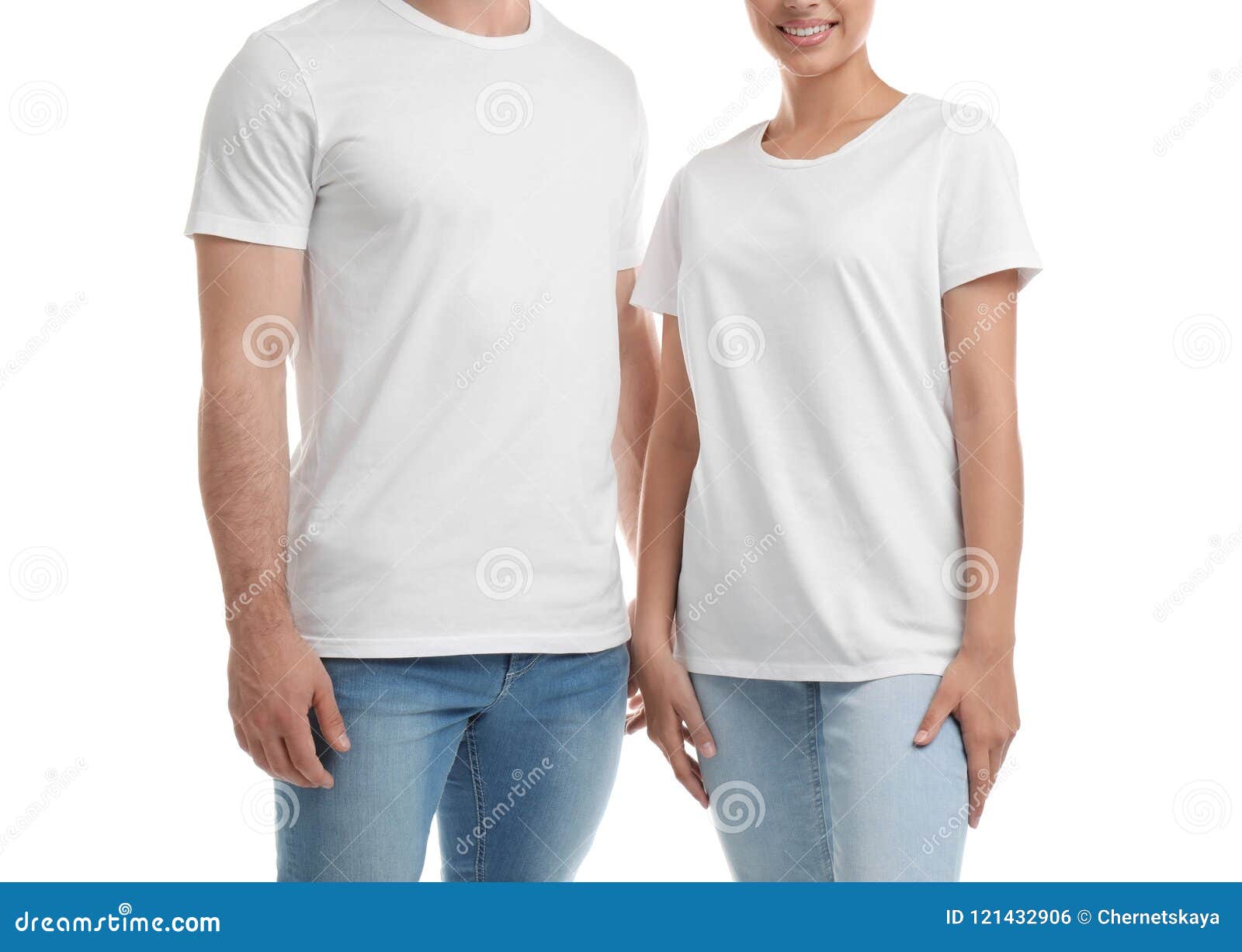 Download Young Couple In T-shirts On White Background Stock Photo - Image of label, female: 121432906