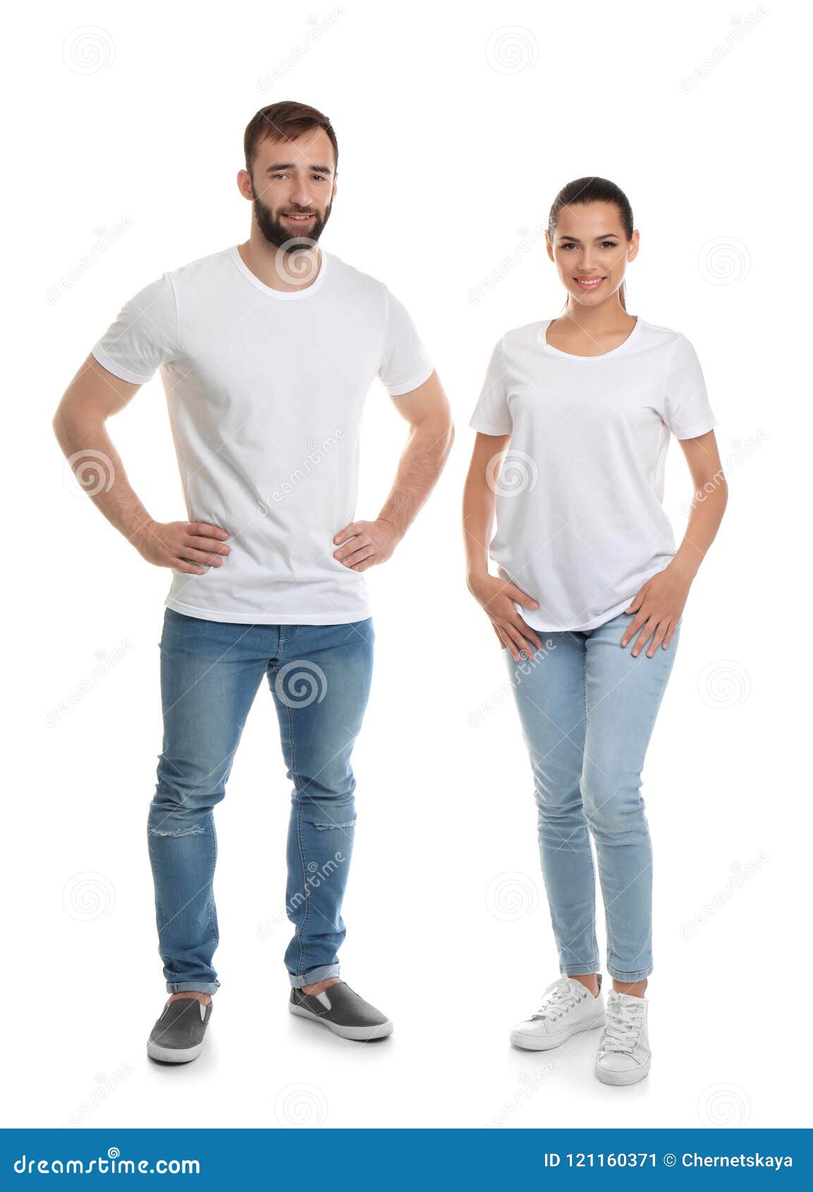 Download Young Couple In T-shirts On White Background Stock Image - Image of branding, advertising: 121160371