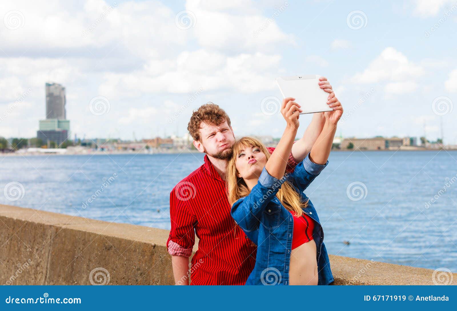 Young Couple Taking Self Picture Selfie With Tablet Stock Image Image Of Outdoors Tablet 