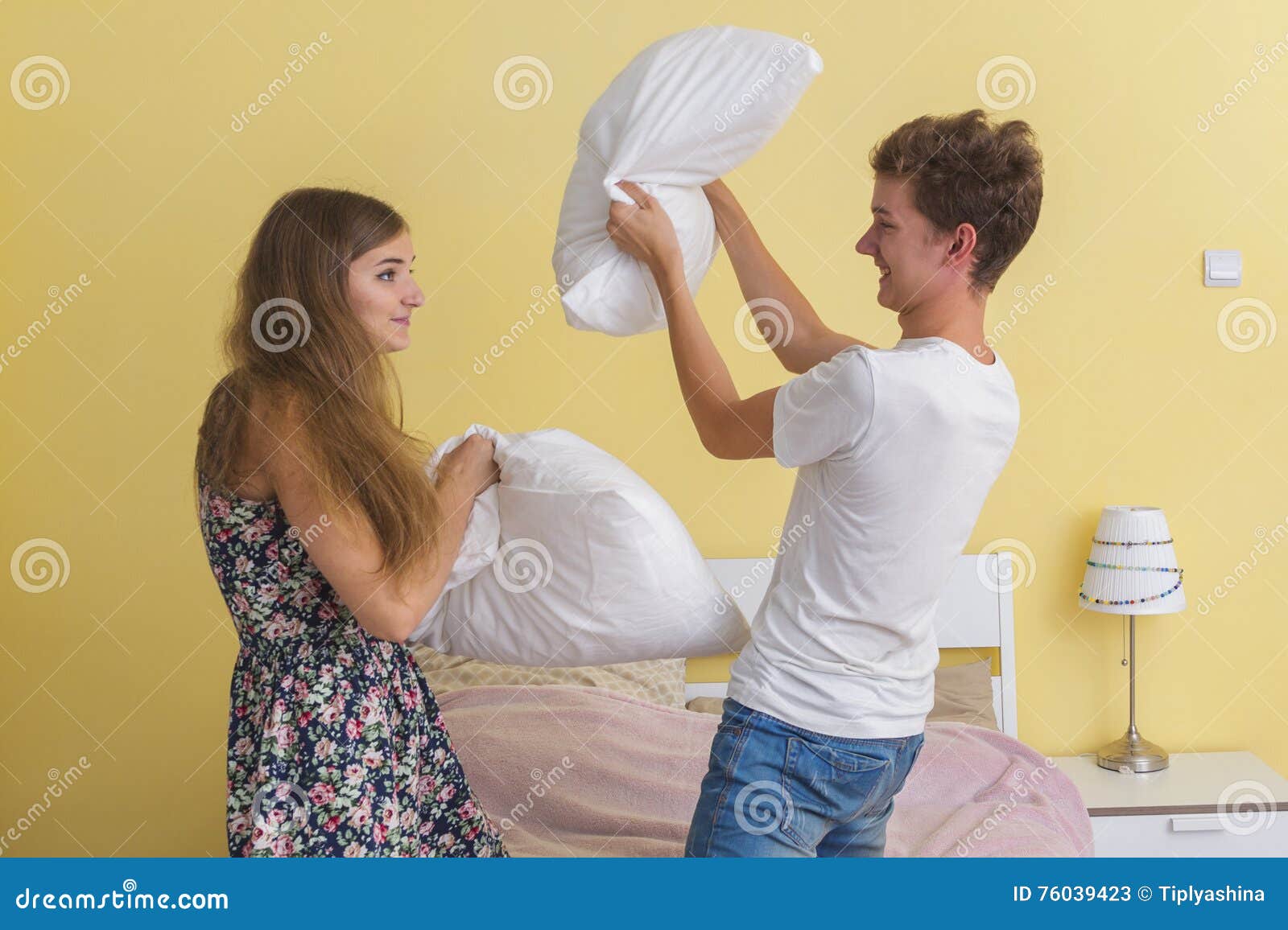 Young Couple Teens Pillow Fight Stock Image Image Of Human