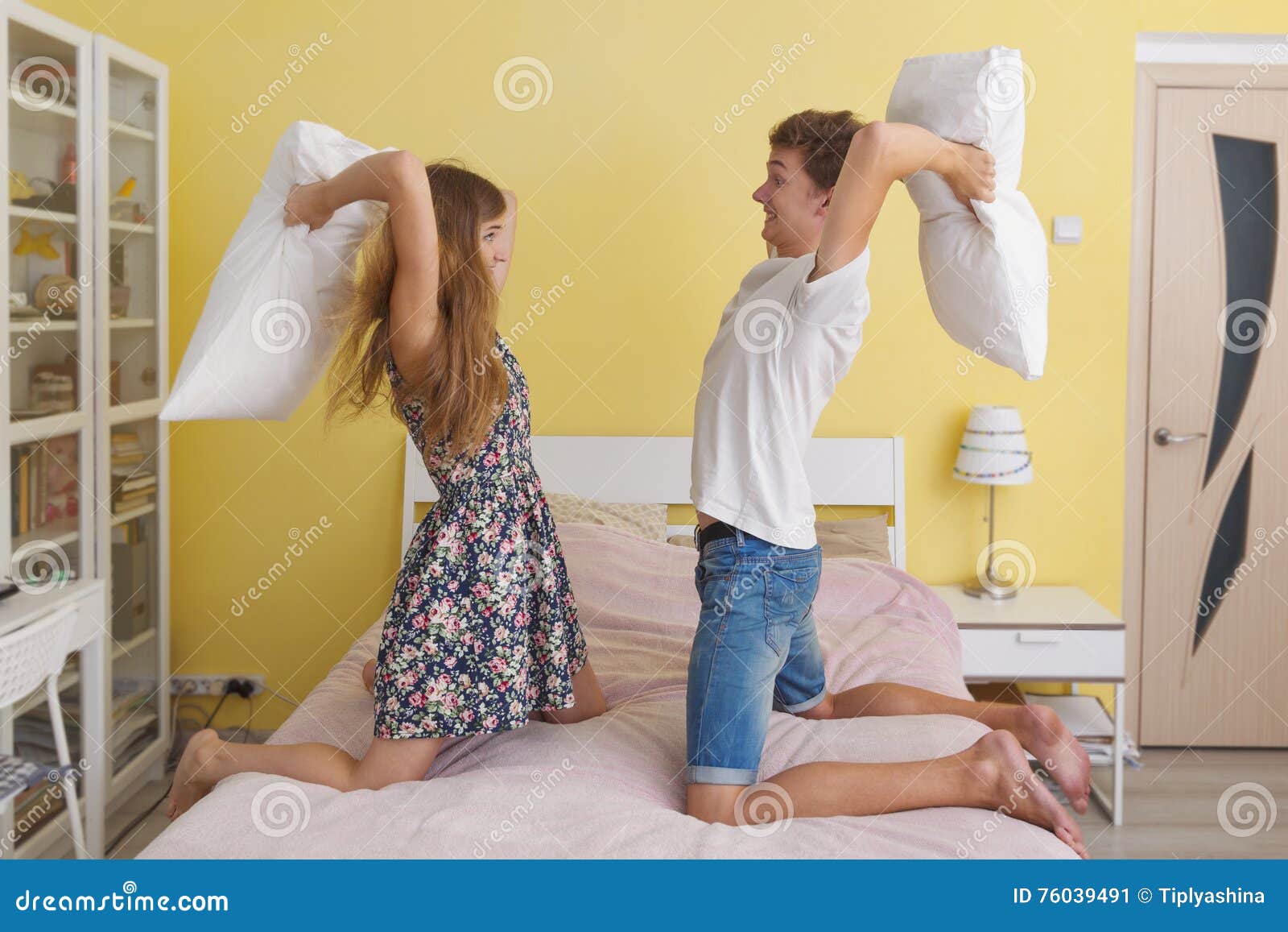 Young Couple Teens Pillow Fight Stock Image Image Of Hu