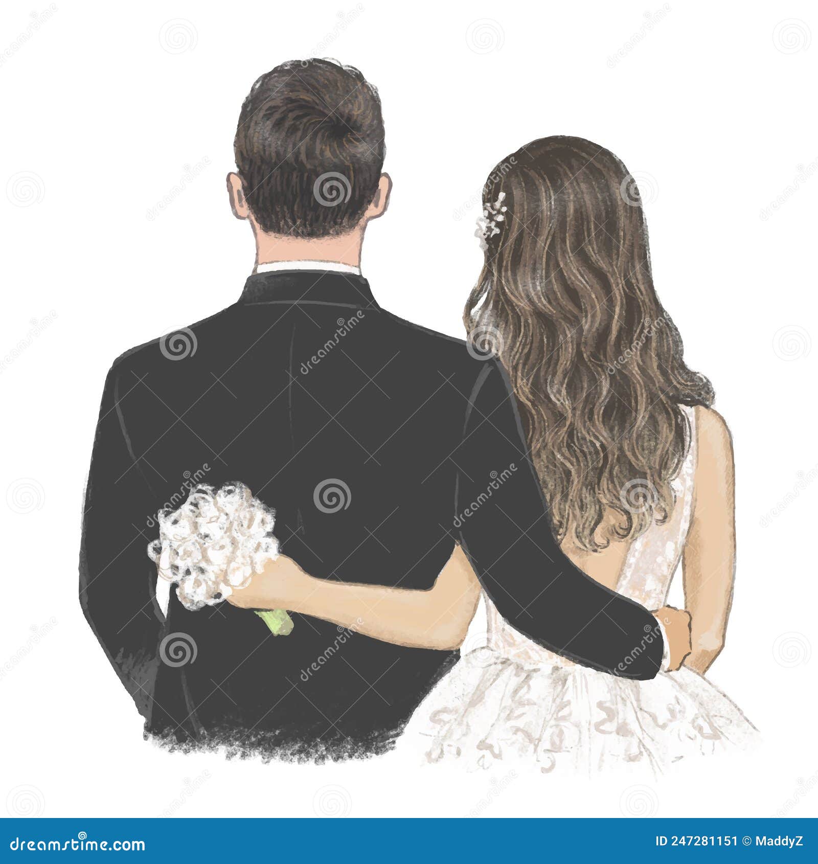 Young Couple on Their Wedding Day Hand Drawn Illustration Stock Vector -  Illustration of vector, invitation: 247281151, image size:1600x1690