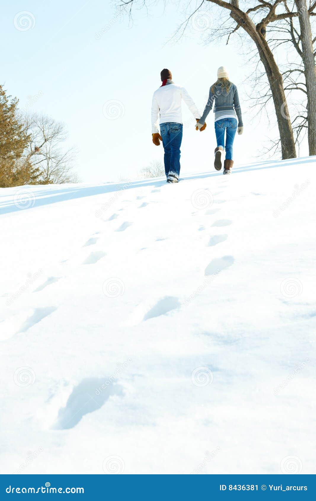 Young Couple Walking on Snow Stock Image Image of blue, copyspace
