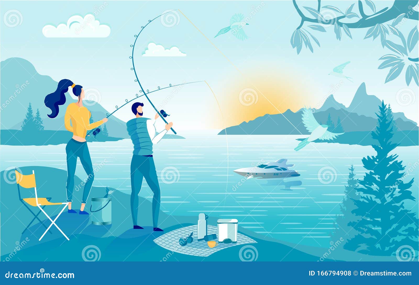 Download Young Couple Went Fishing Together, Bright Cartoon Stock ...