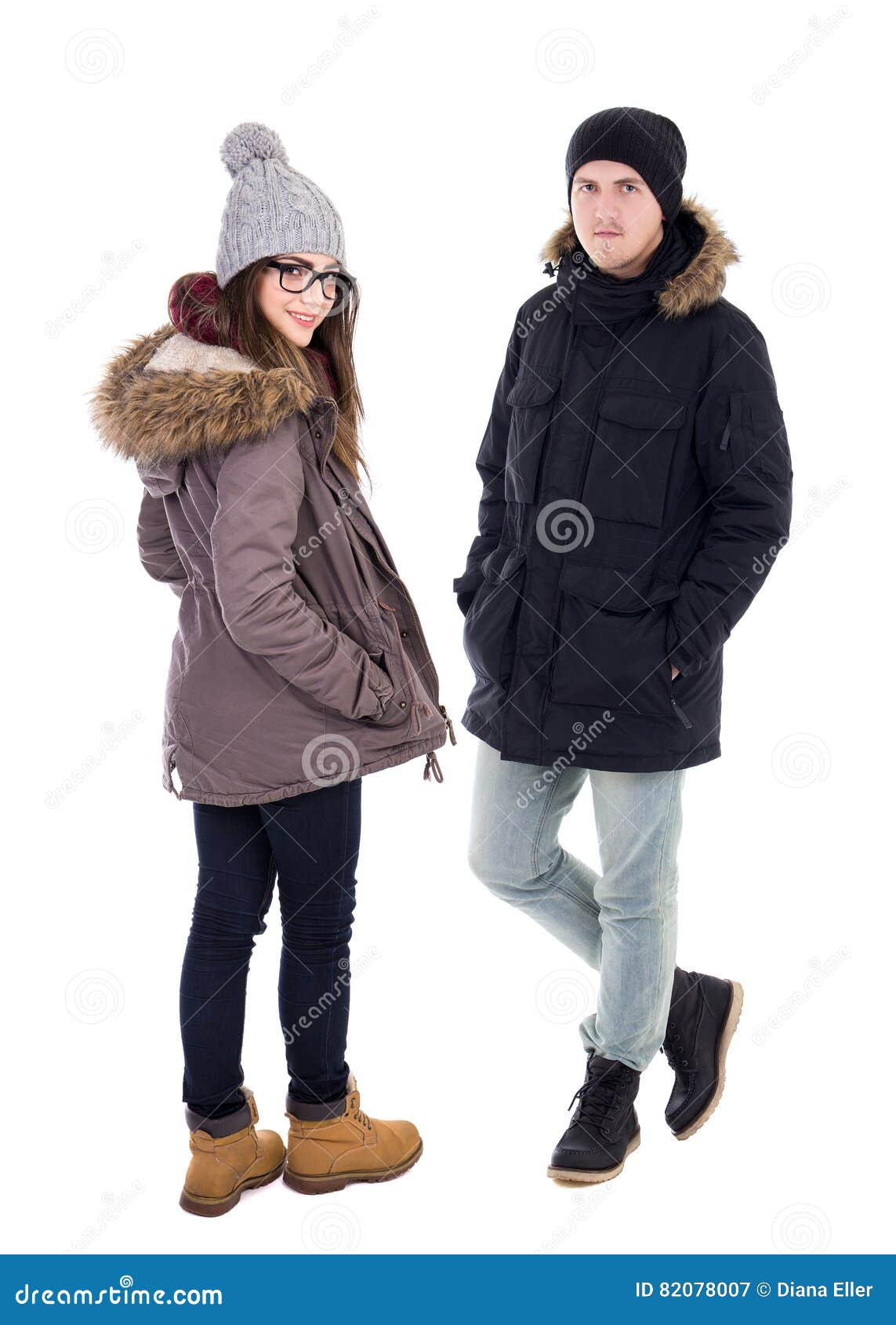 Young Couple in Winter Jackets Isolated on White Stock Image - Image of ...