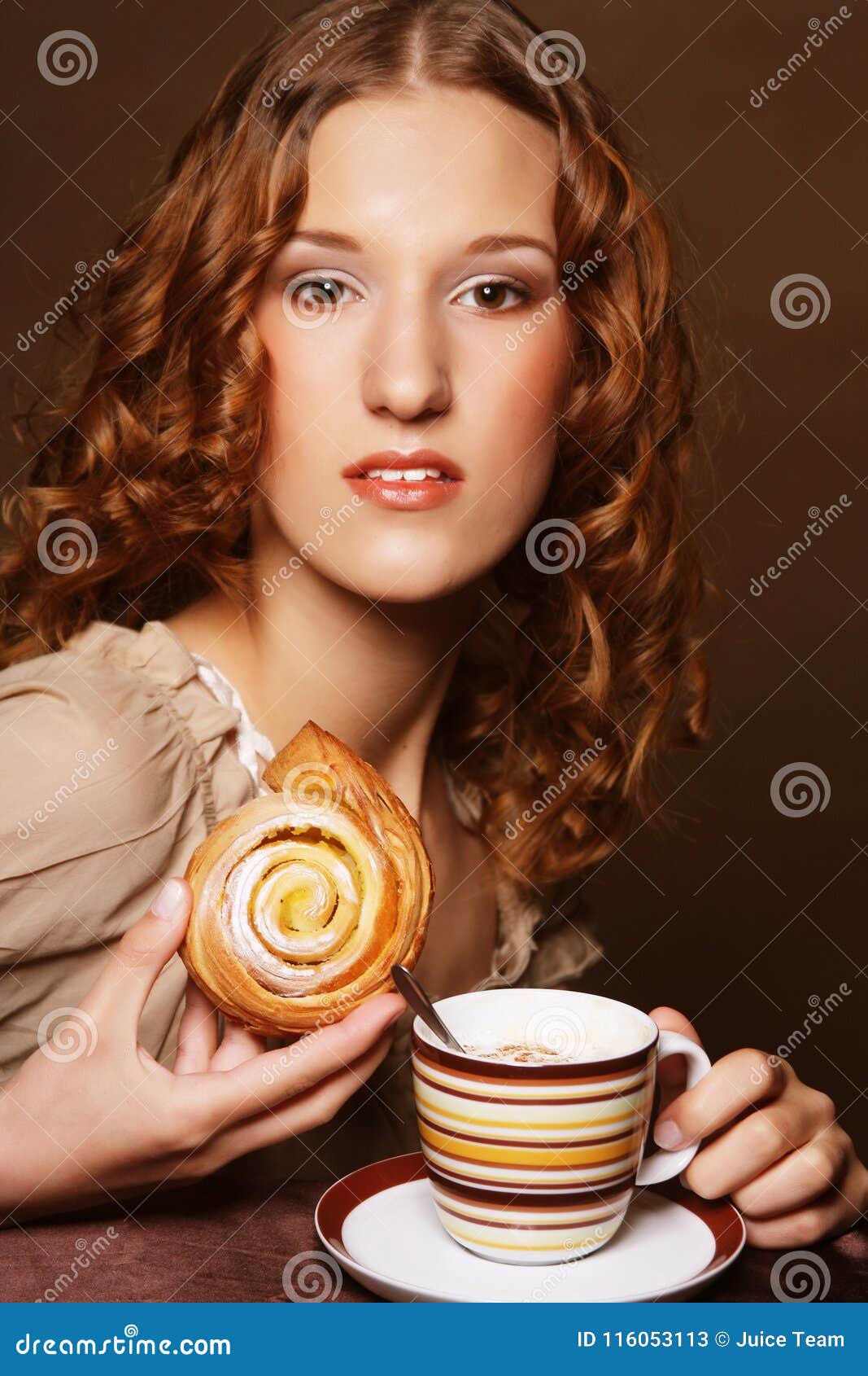 Young Woman with Coffee and Cake Stock Image Image of breakfast