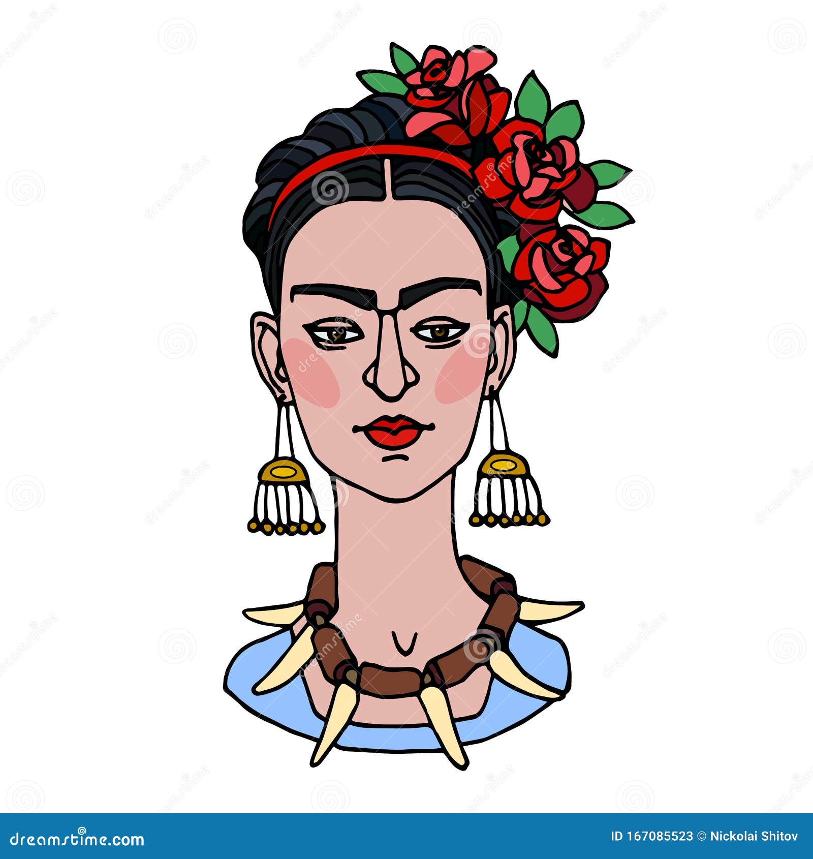 Young Cute Brunette Girl Frida Kahlo with Roses in Her Hair, Mexican ...