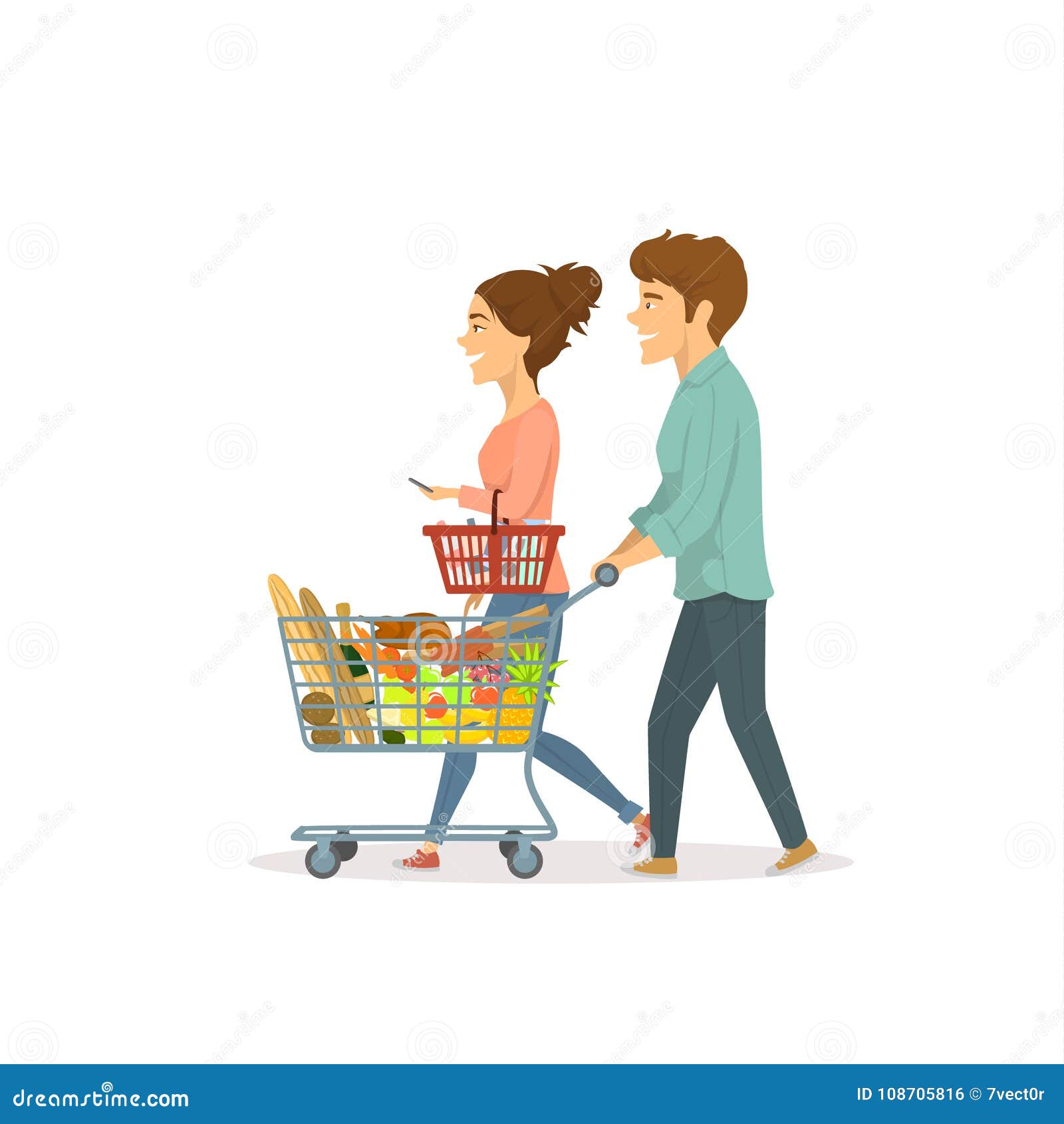 young cute couple, man and woman shopping in a supermaket,