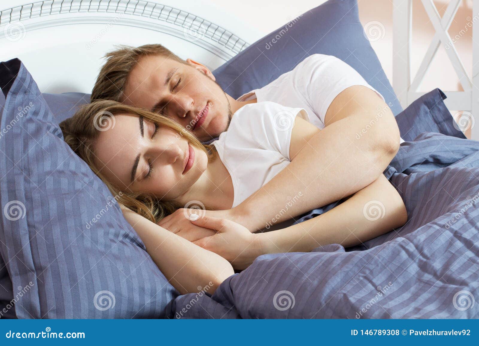 Young Cute Couple Sleeping Together in Bed Stock Photo - Image of ...