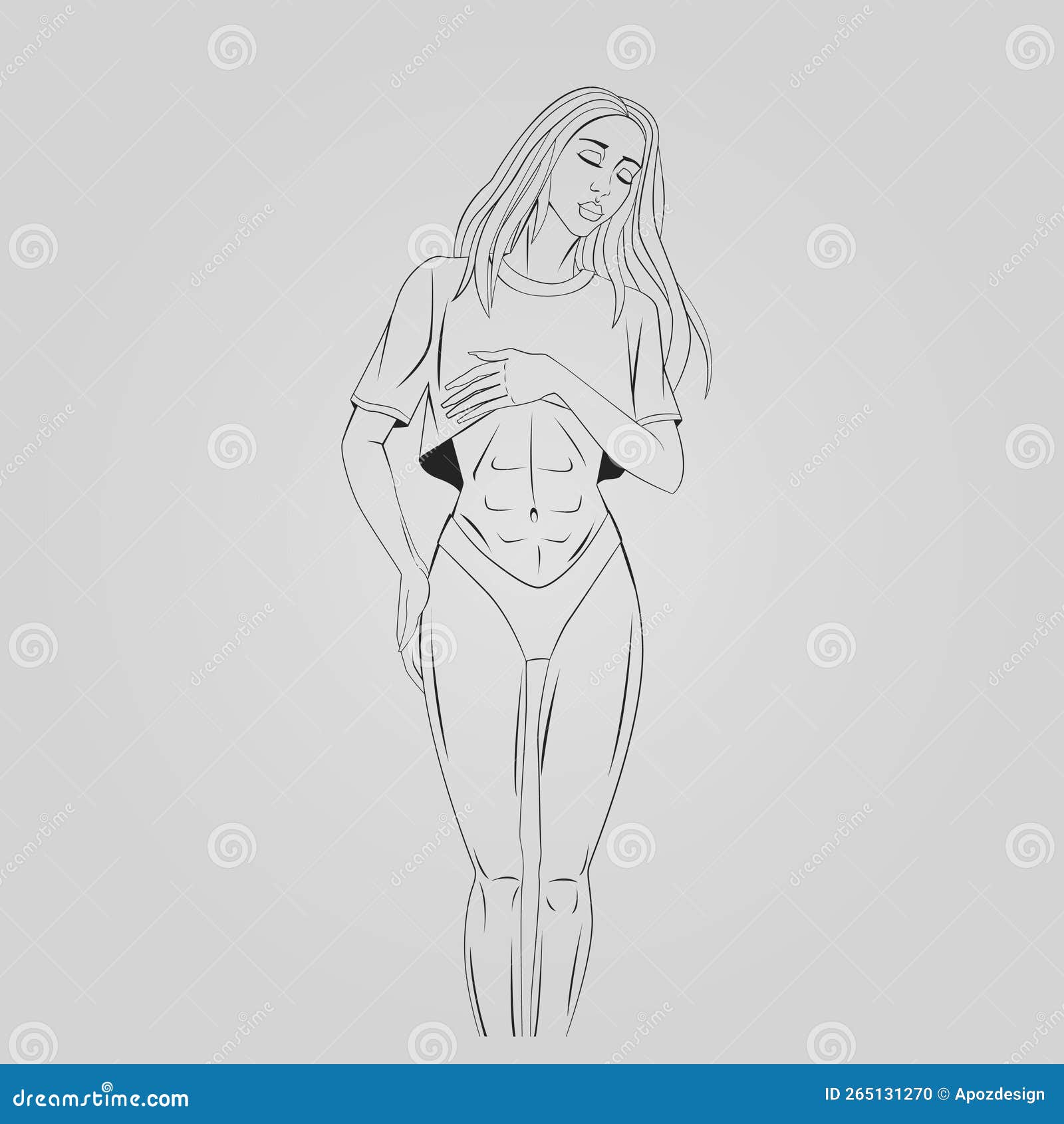 A Young Cute Girl Athlete Demonstrates Her Inflated Abs Full Body Figure  Head Tilt Eyes Closed Outline Art Drawing Sports Theme Vector Illustration  Stock Illustration - Download Image Now - iStock