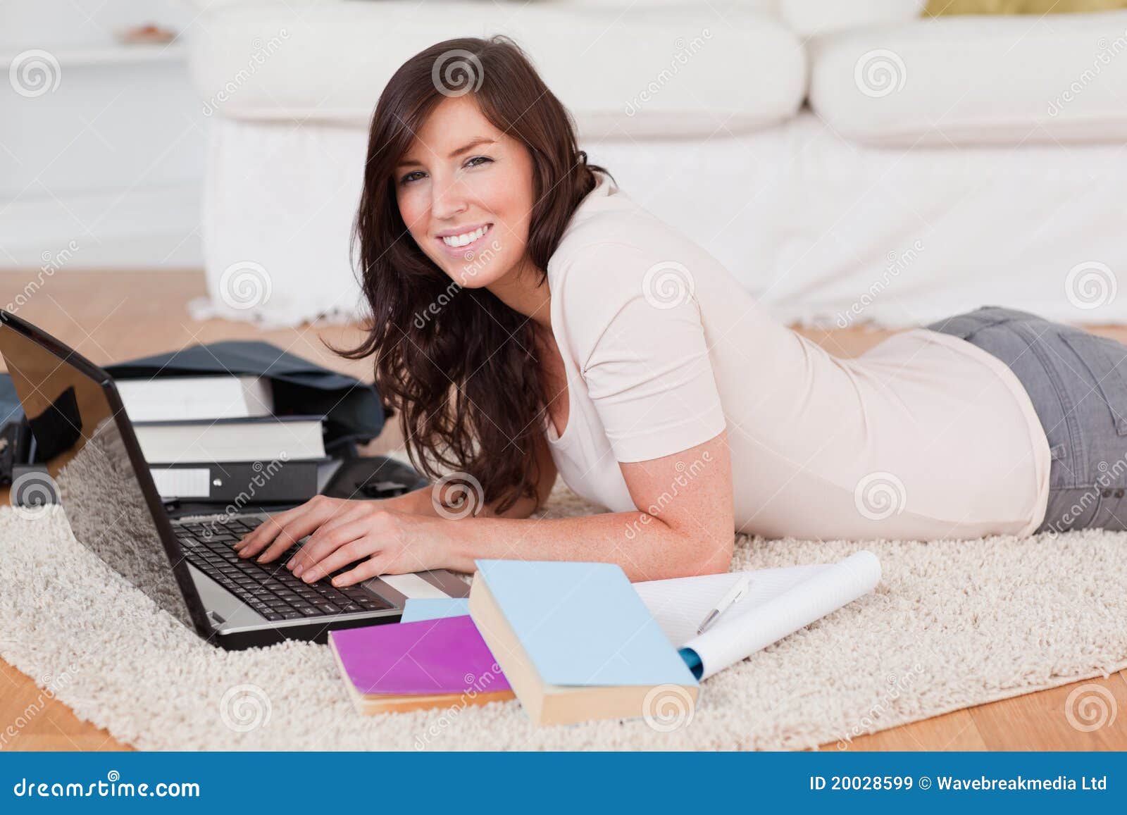 Young Cute Woman Relaxing with Her Laptop Stock Image Image of floor