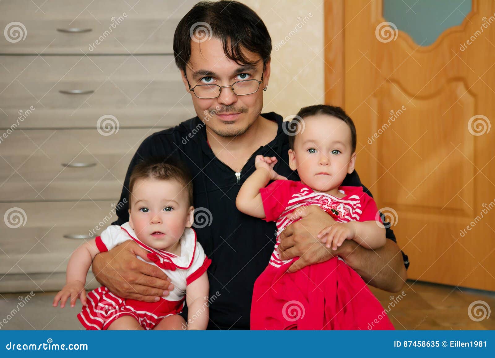 Young Dad Hugging His Twin Girls Stock Image Image Of Male Baby