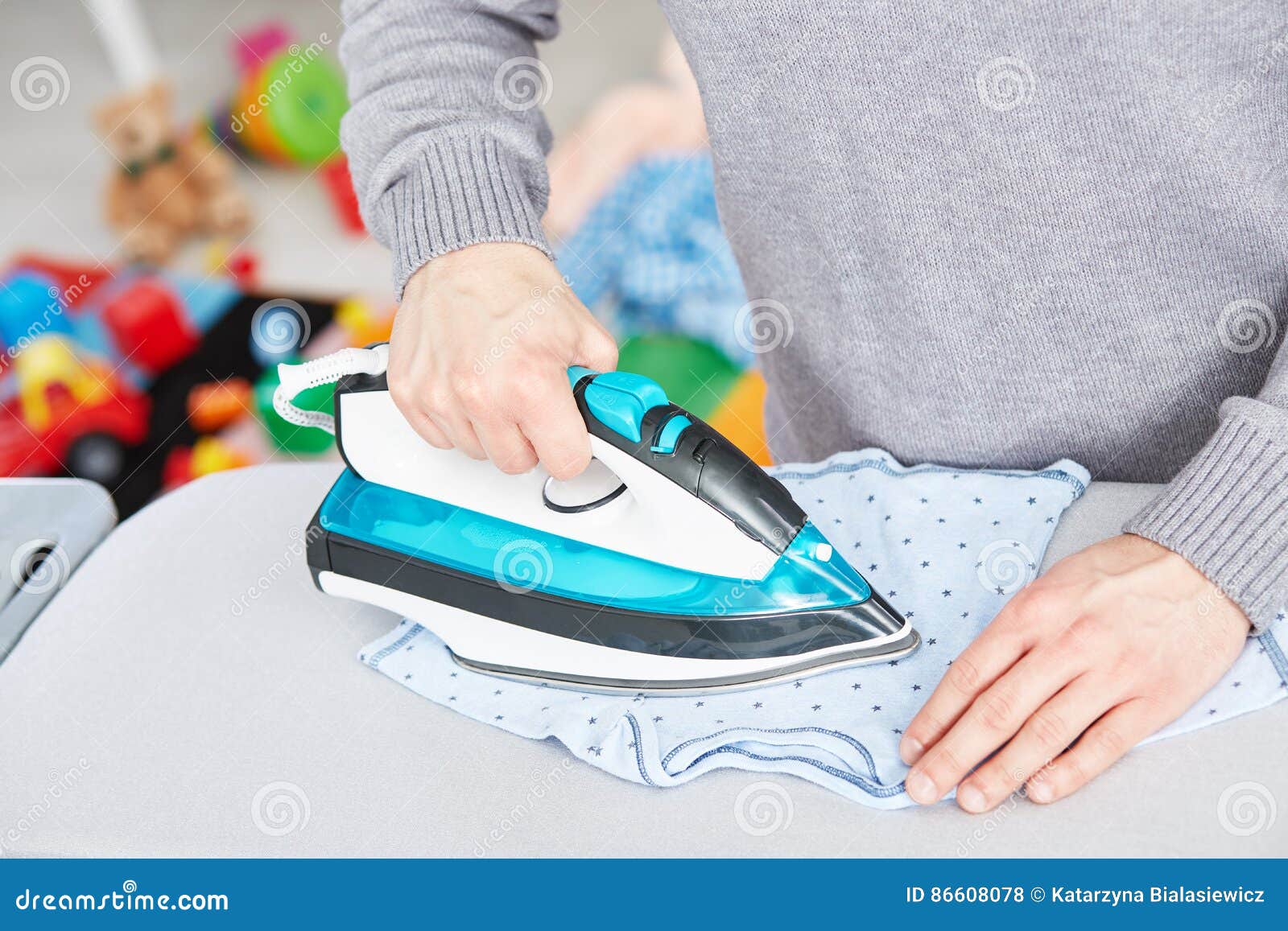 Young Dad Ironing Baby Clothes Stock Photo Image of life, ironing