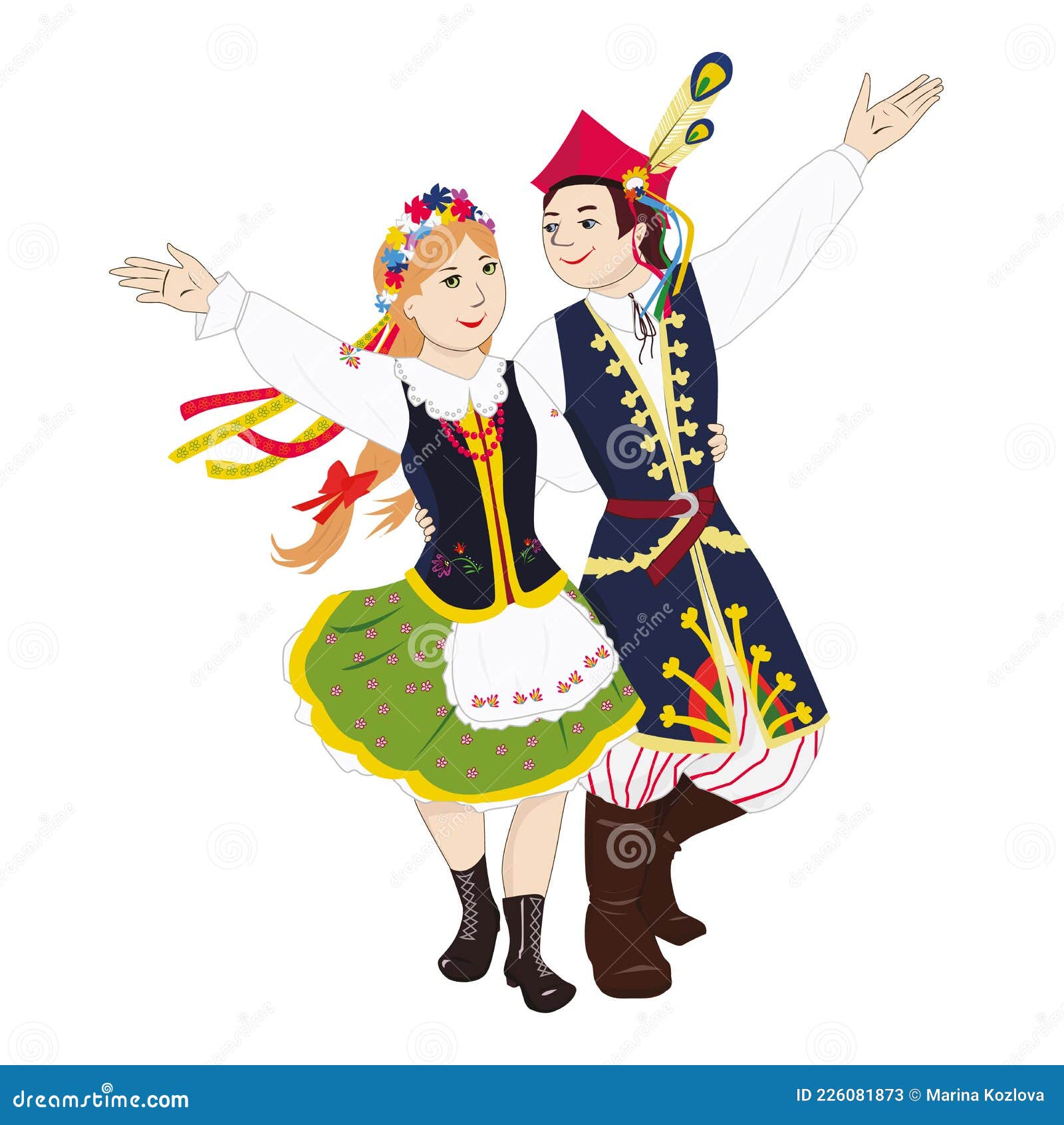 Young Dancers from Poland are Dancing Folk Dance Krakowiak Stock Vector