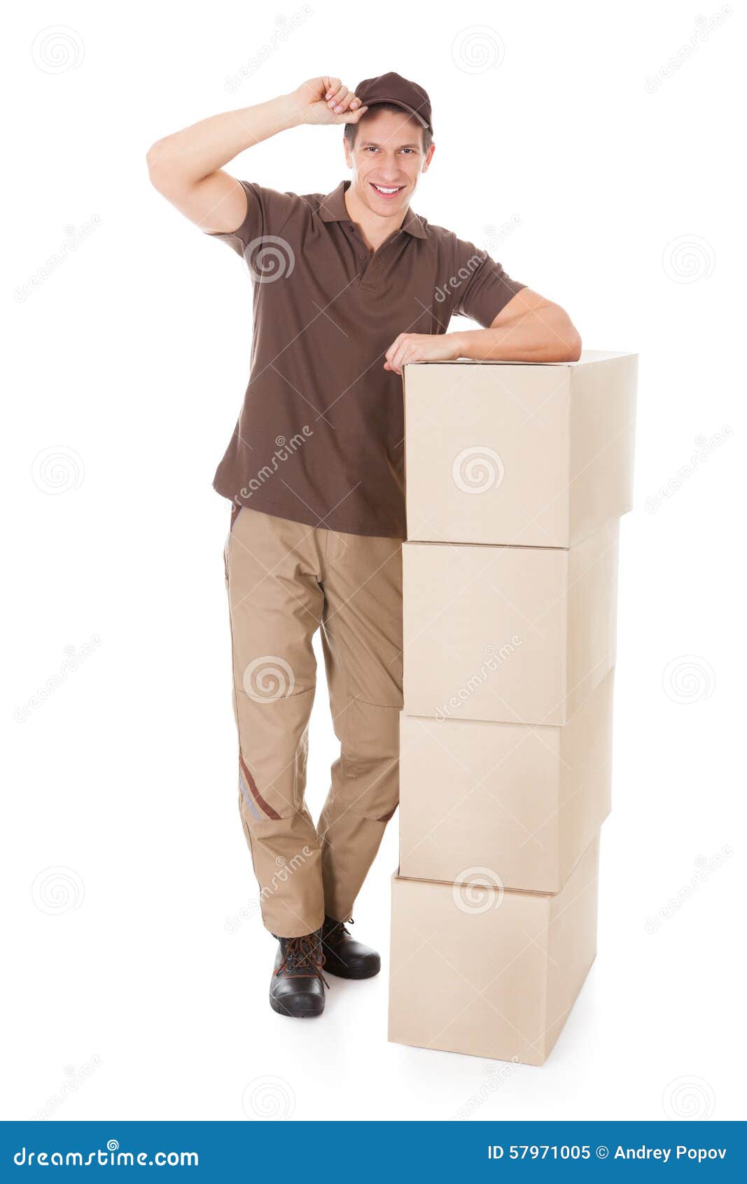 Young Delivery Man Leaning on a Stack of Boxes Stock Image Image of mail, employment 57971005