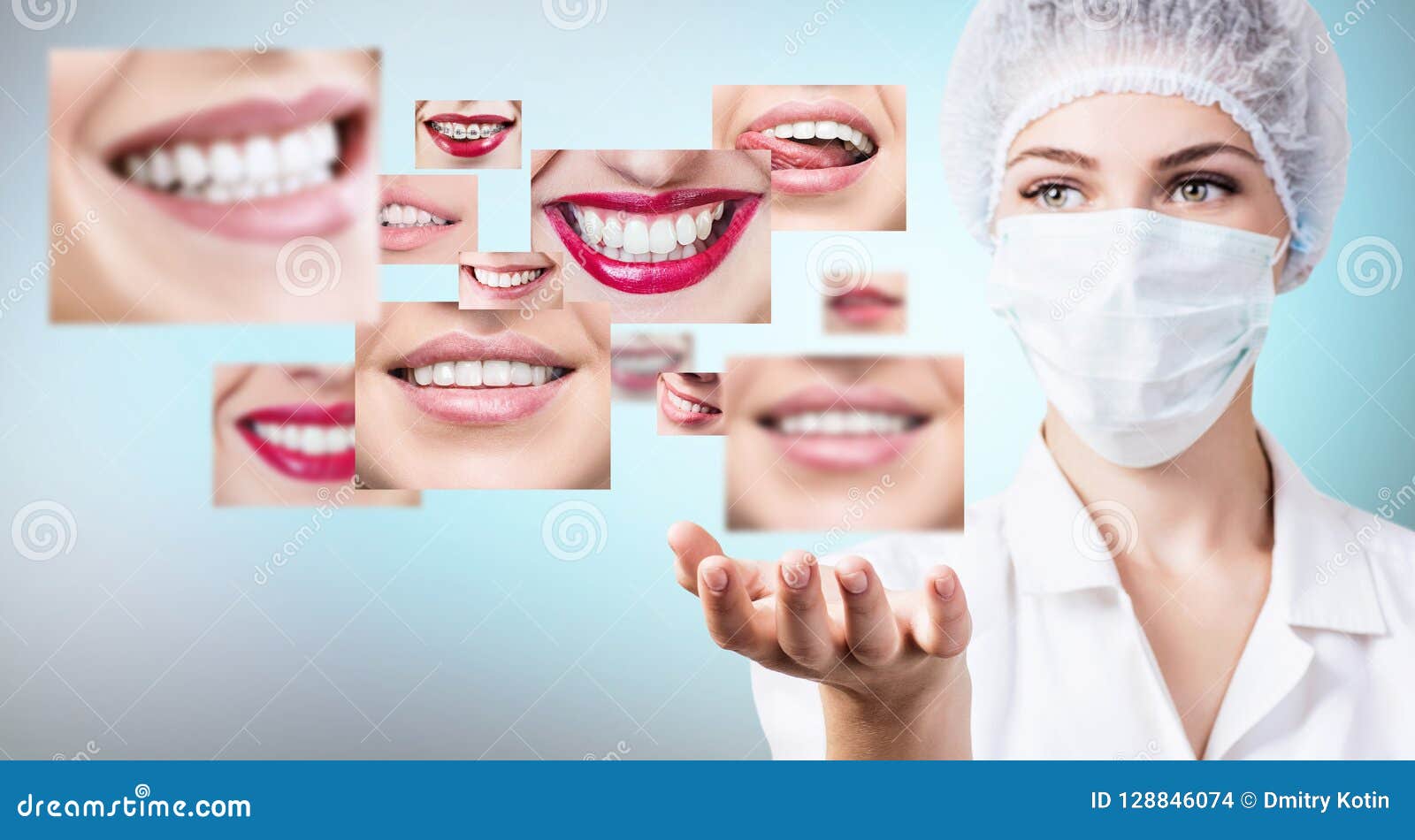 young dentist doctor near collage of healthy beautiful smiles.