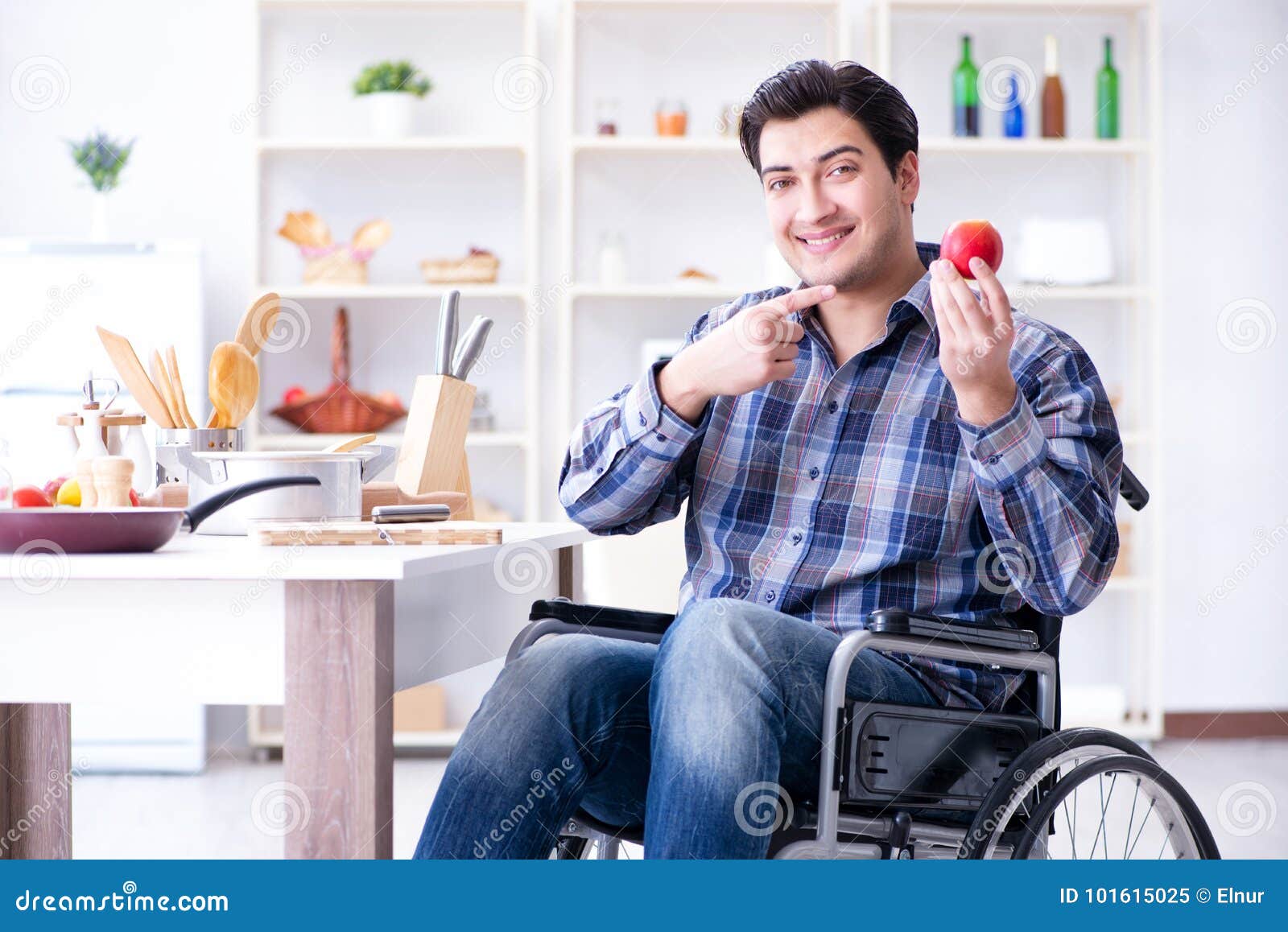The Young Disabled Husband Preparing Food Salad Stock Image Image of