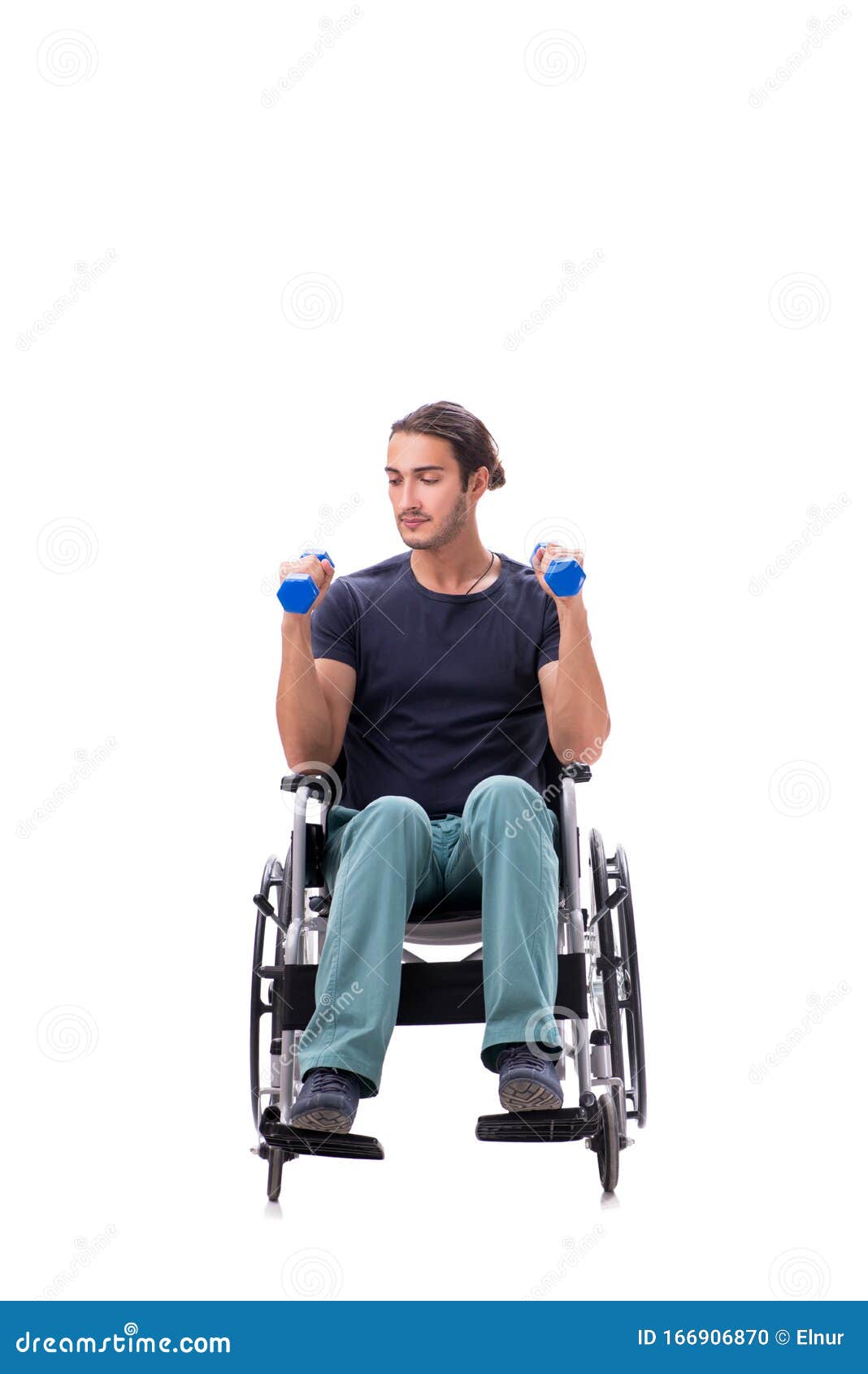 Young Disabled Man Doing Physical Exercises Isolated on White Stock ...