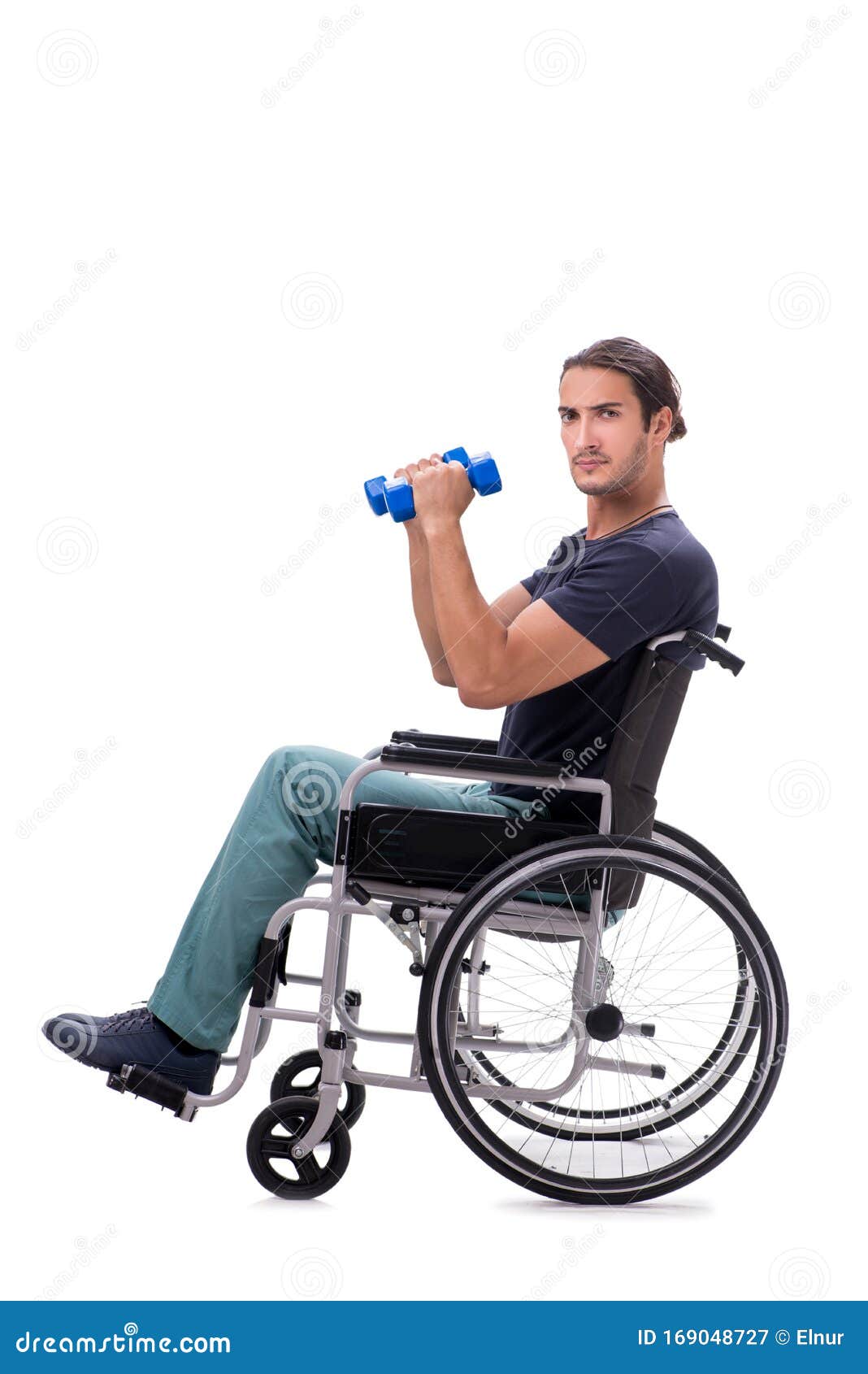 Young Disabled Man Doing Physical Exercises Isolated on White Stock ...
