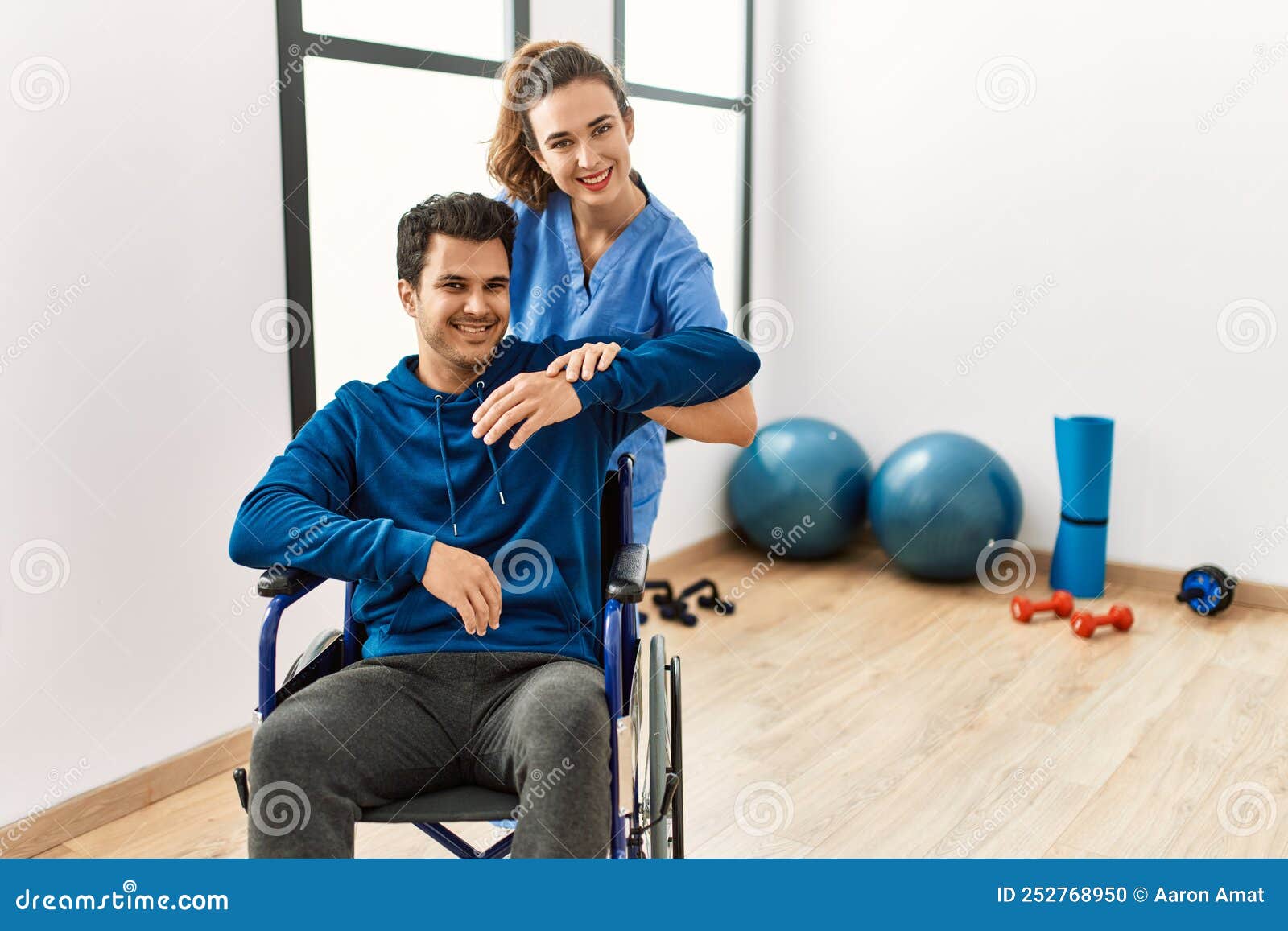 Young Disabled Man Making Mobility Exercise Sitting on Wheelchair at