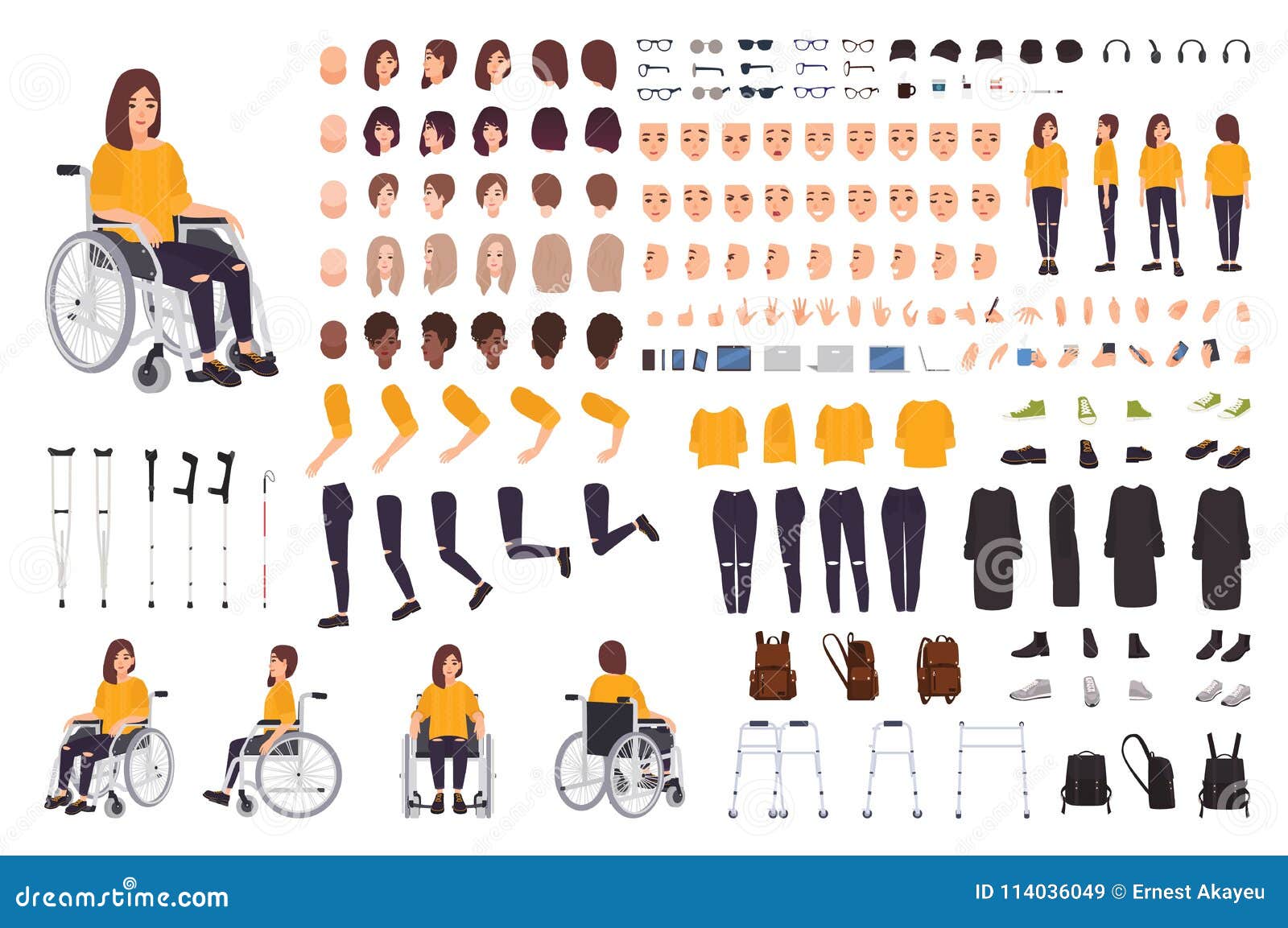young disabled woman in wheelchair constructor or diy kit. set of body parts, facial expressions, crutches, walking