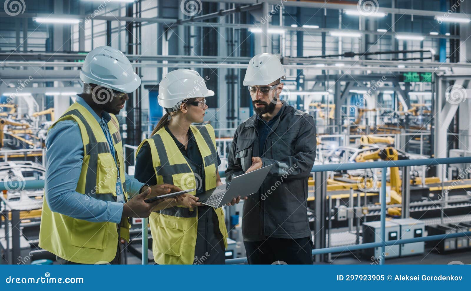 young diverse team of car factory specialists working on laptop and tablet computers. engineers