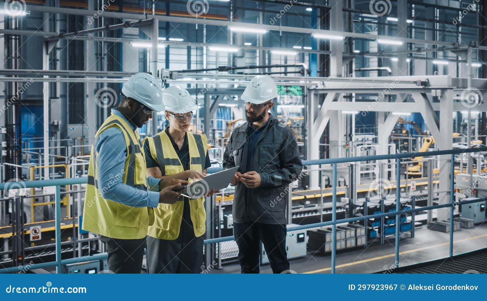 young diverse team of car factory specialists working on laptop and tablet computers. engineers